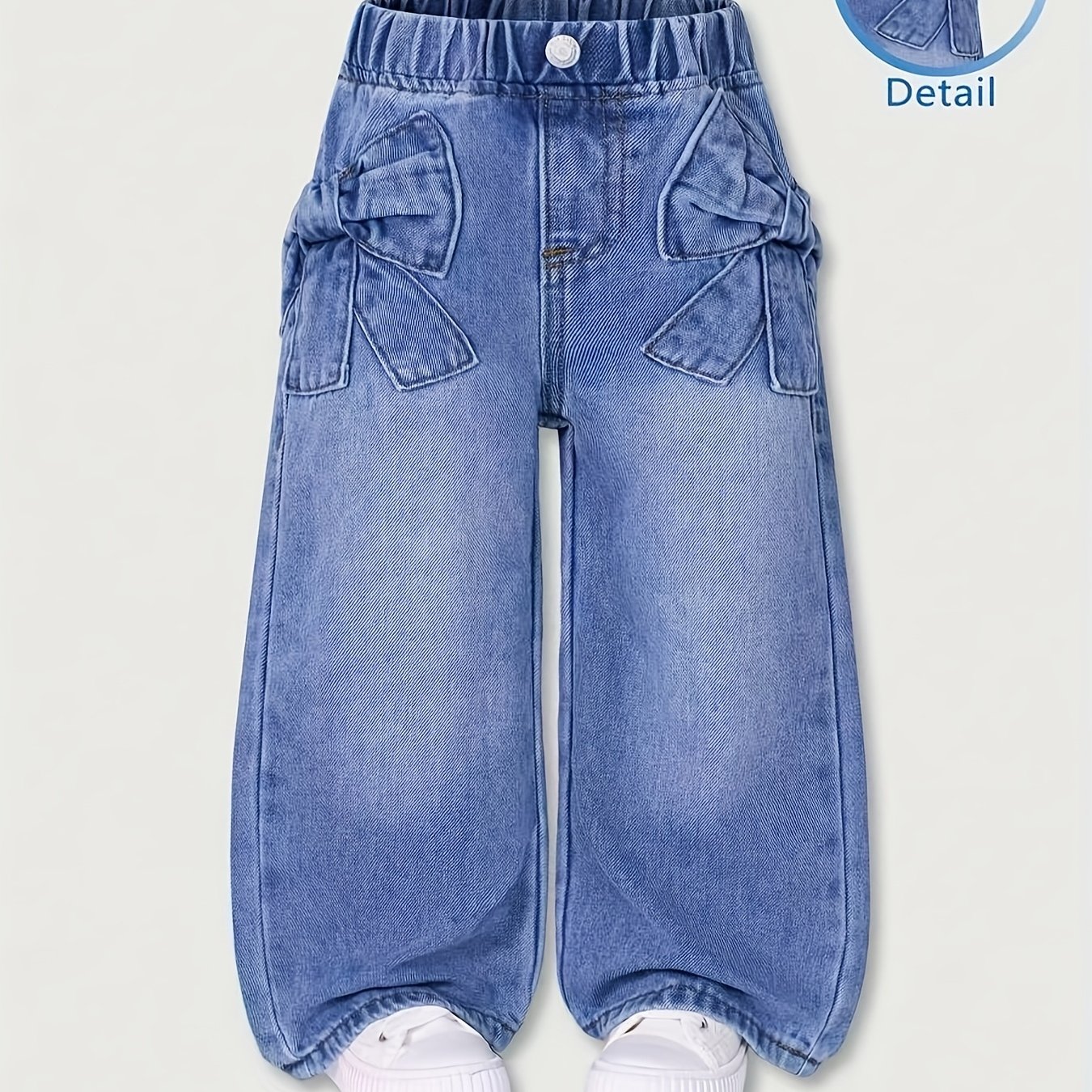 Image of Y2k ' Straight-leg Jeans, Summer Denim Pants For Girls With Hand- Bow Patches - Elastic Waistband, Suitable For , Light Blue Denim, Casual Streetwear, Children's Outerwear, Daily Trendy Comfortable