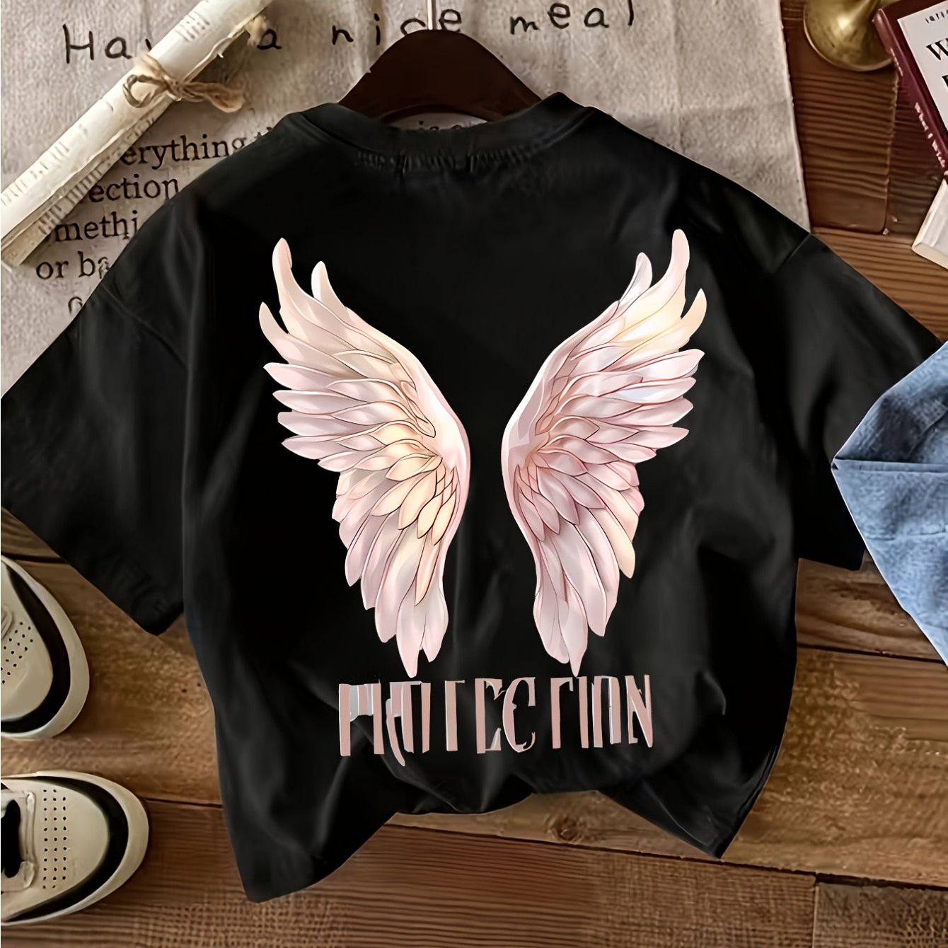 Women's Wing Print T-shirt - Short Sleeve Round Neck Casual Blouse With Wing And Lettering, Machine Washable - Casual Attire Top 6153