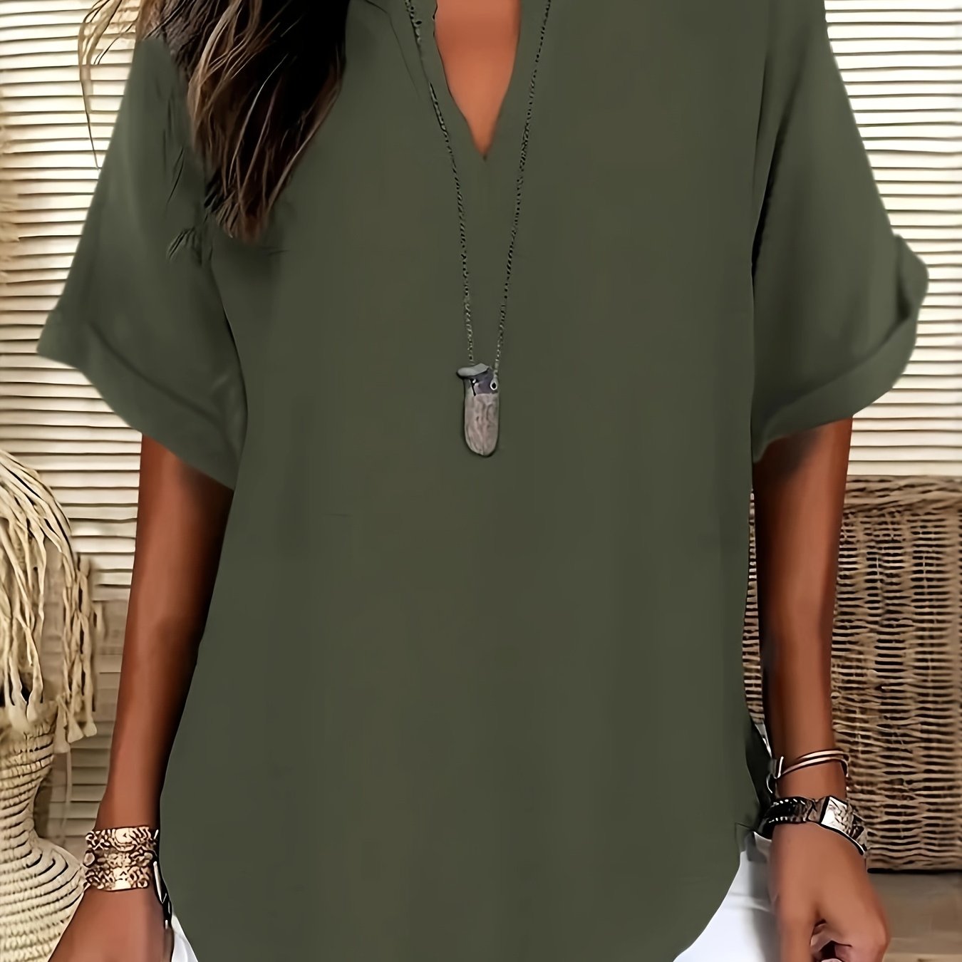 E-shop Elegantes V-Ausschnitt Freizeit-Top für Damen, Kurzarm-Shirt mit lockerer Passform für Frühling, Sommer und Herbst