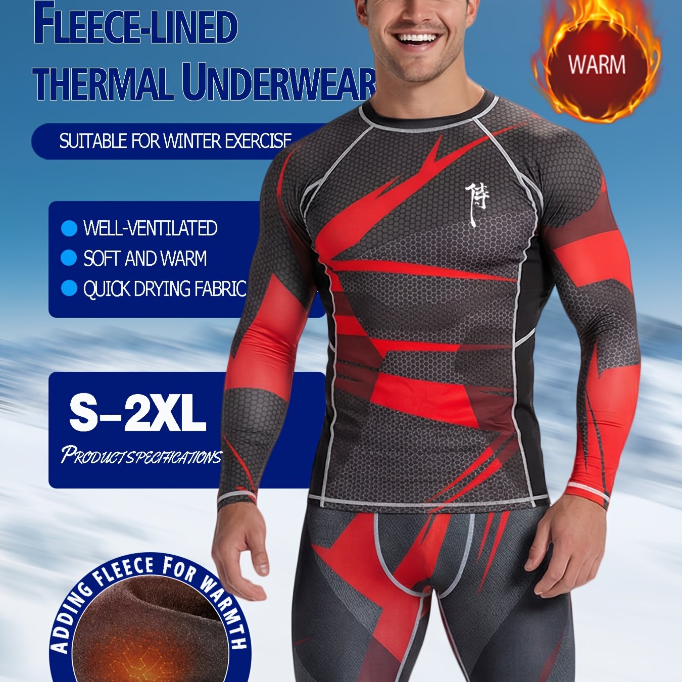 TEMU 2pcs Set Of Autumn And Winter Men's Thermal Shaping Underwear, Outdoor Ski Thickened Tights And Long-sleeved Top. Fleece Lining, Suitable For