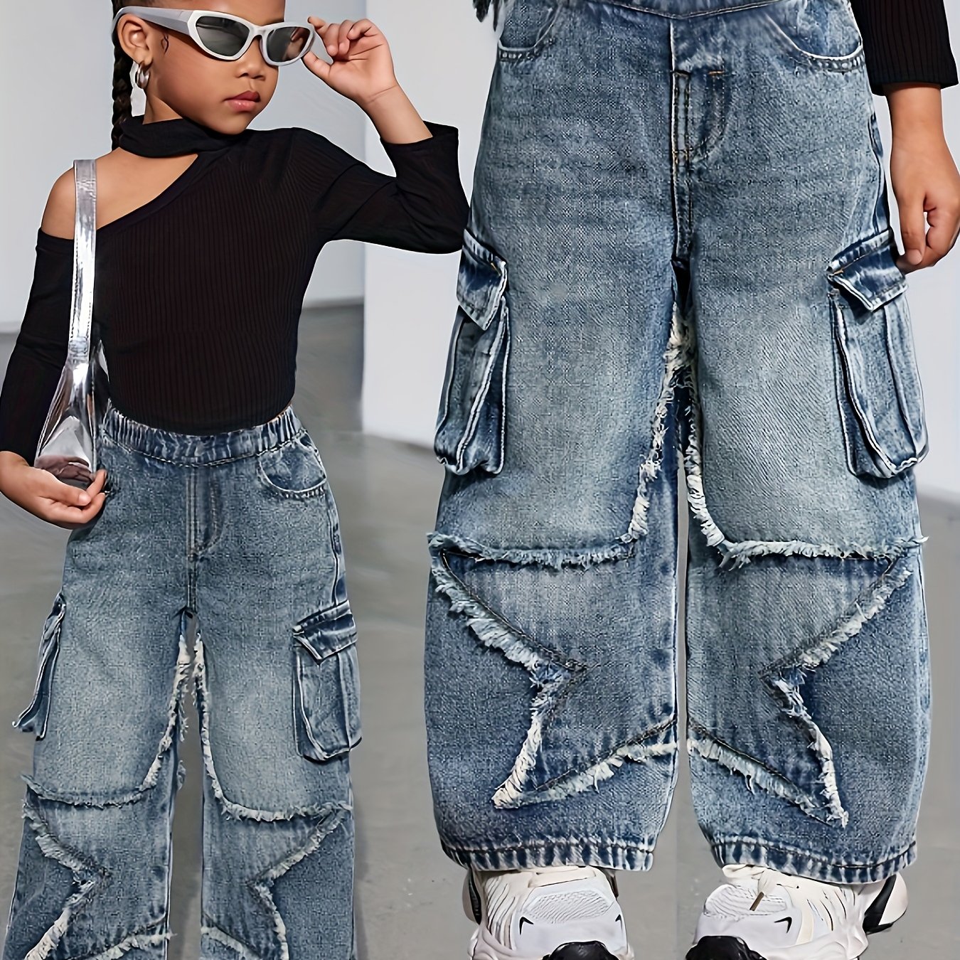 Image of Girls' Y2k Style Star Embroidered Overalls Jeans - Fashionable Washing , Comfortable Elastic Waistband, Suitable For And Outdoor Activities
