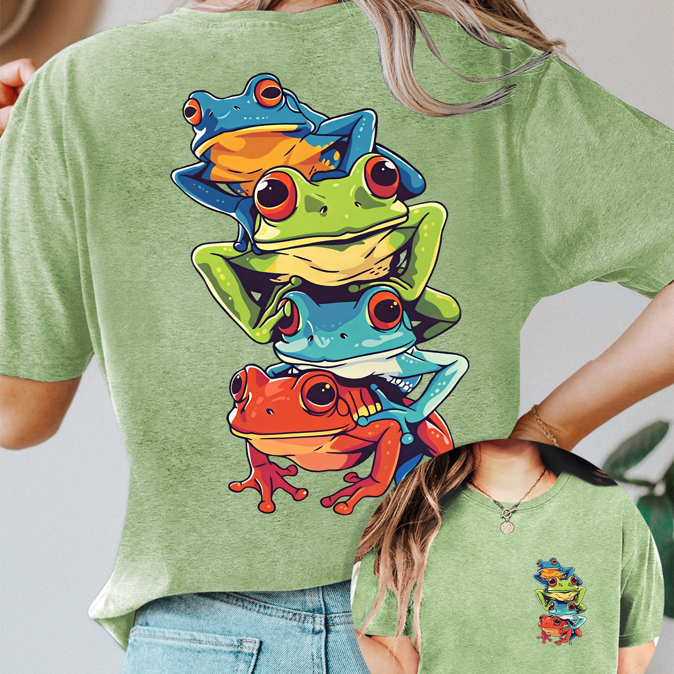 TEMU Women's Reversible Retro Frog Print T-shirt - Crew Neck Short Sleeve Top With Frog, Suitable For All- Casual Wear, Layered , Machine Washable