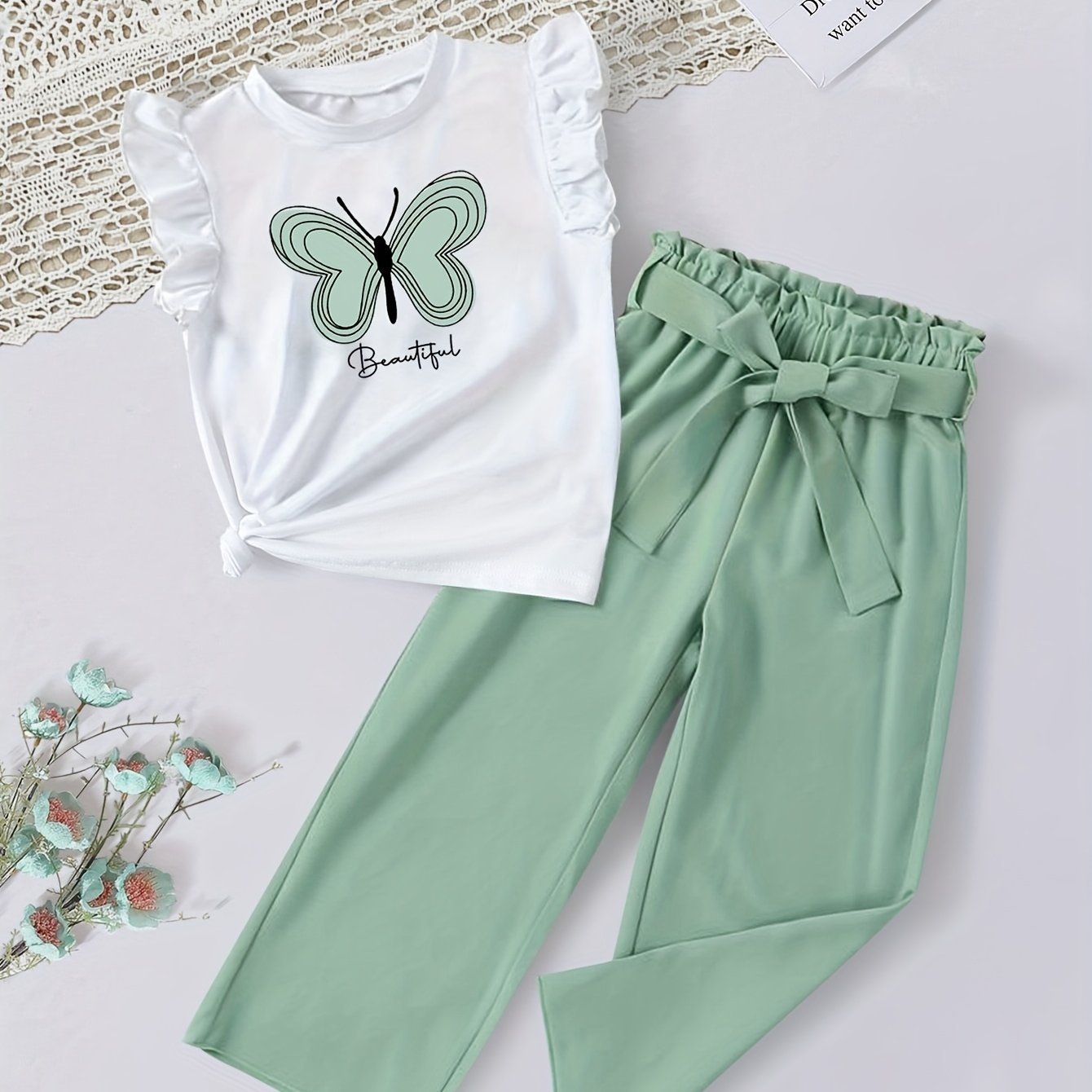 Image of 2pcs Set, Girls' Fiber Fabric Short Sleeve + Pants With Print Outfit, Suitable For Outdoor Wear, Perfect For Outdoor
