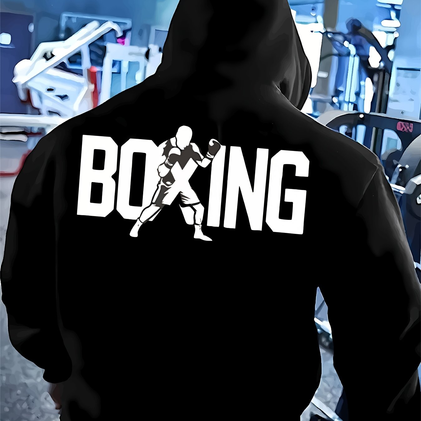 TEMU Boxer Silhouette Back Print Men's Casual Hooded Long Sleeve Pullover, Front Pocket, Machine Washable, Autumn Winter Thermal Knitwear Sweatshirt