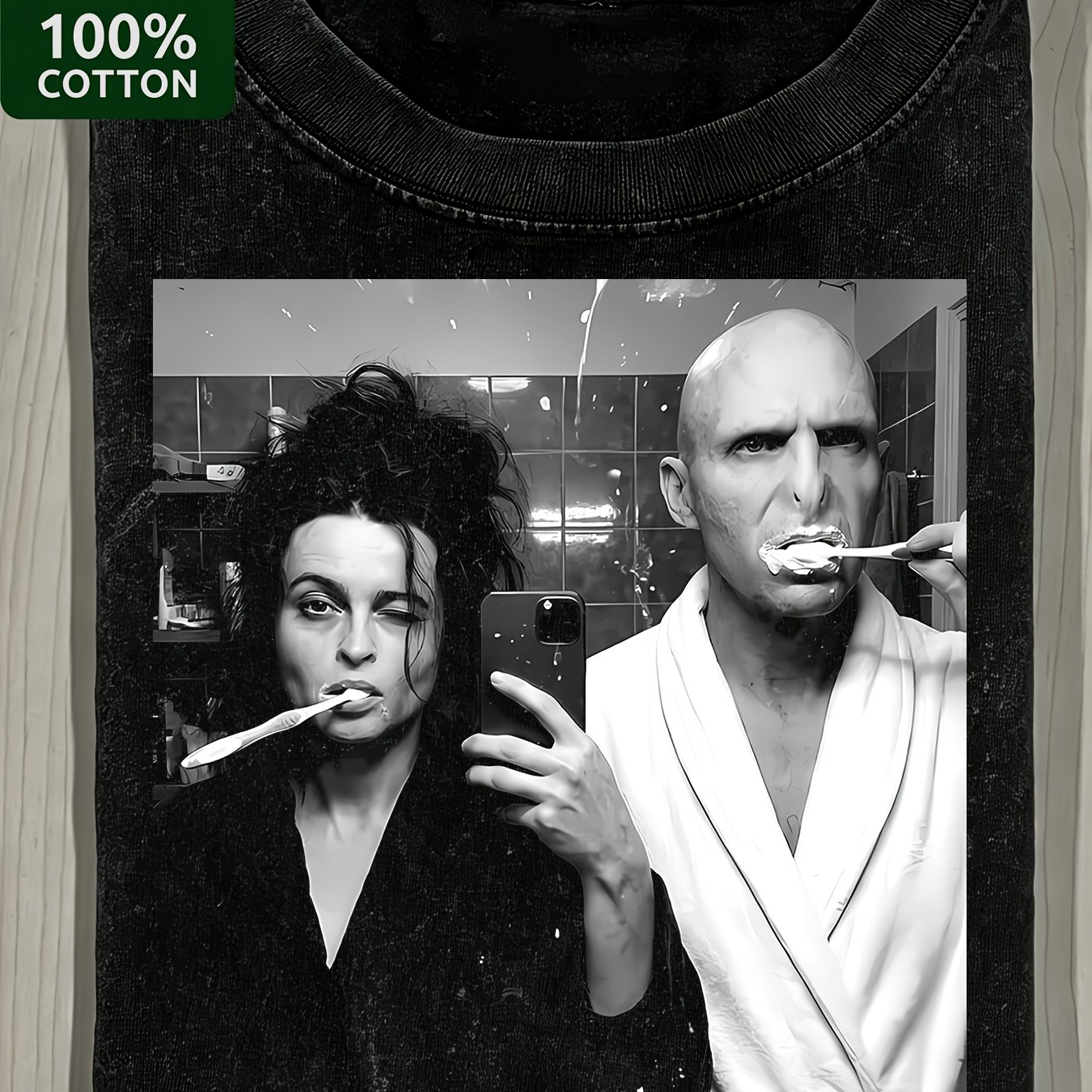 TEMU Men's 270gsm Heavyweight Vintage Washed Voldemort Bellatrix Brushing Teeth Selfie Tee Funny Harry Potter Daily Life Parody Design Short Sleeve