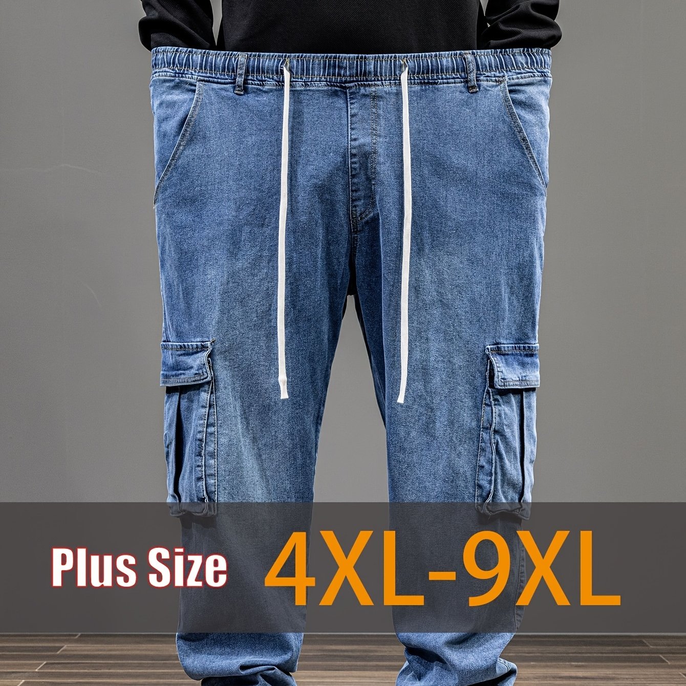 Work Pants With Elastic Waist, Plus Size Men's Jeans With Drawstrings, Loose Straight-leg, Extra Wide And Extra Large Size Stretch Trousers With Multiple Pockets, Plus Size