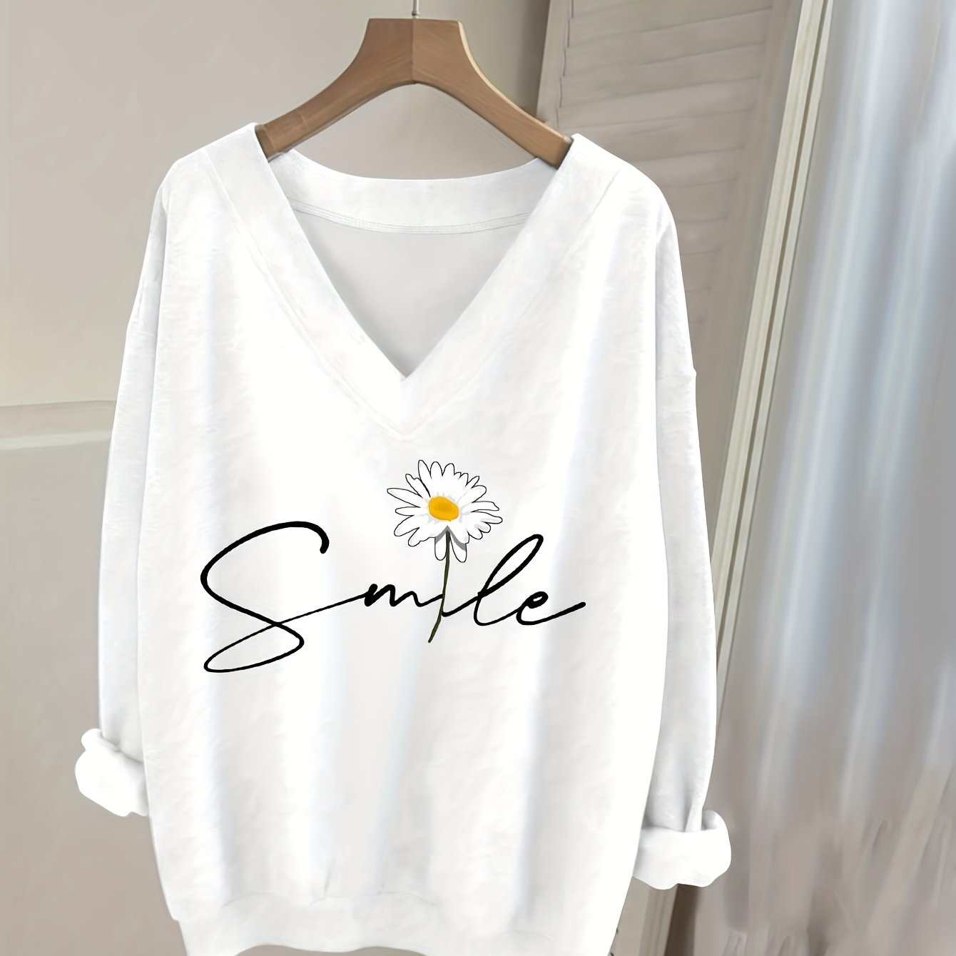 TEMU 0829, Casual V-neck Long Sleeve Sweatshirt With Letter Print, Women's Long Sleeve T-shirt, Long Sleeve Top, Fashion Top