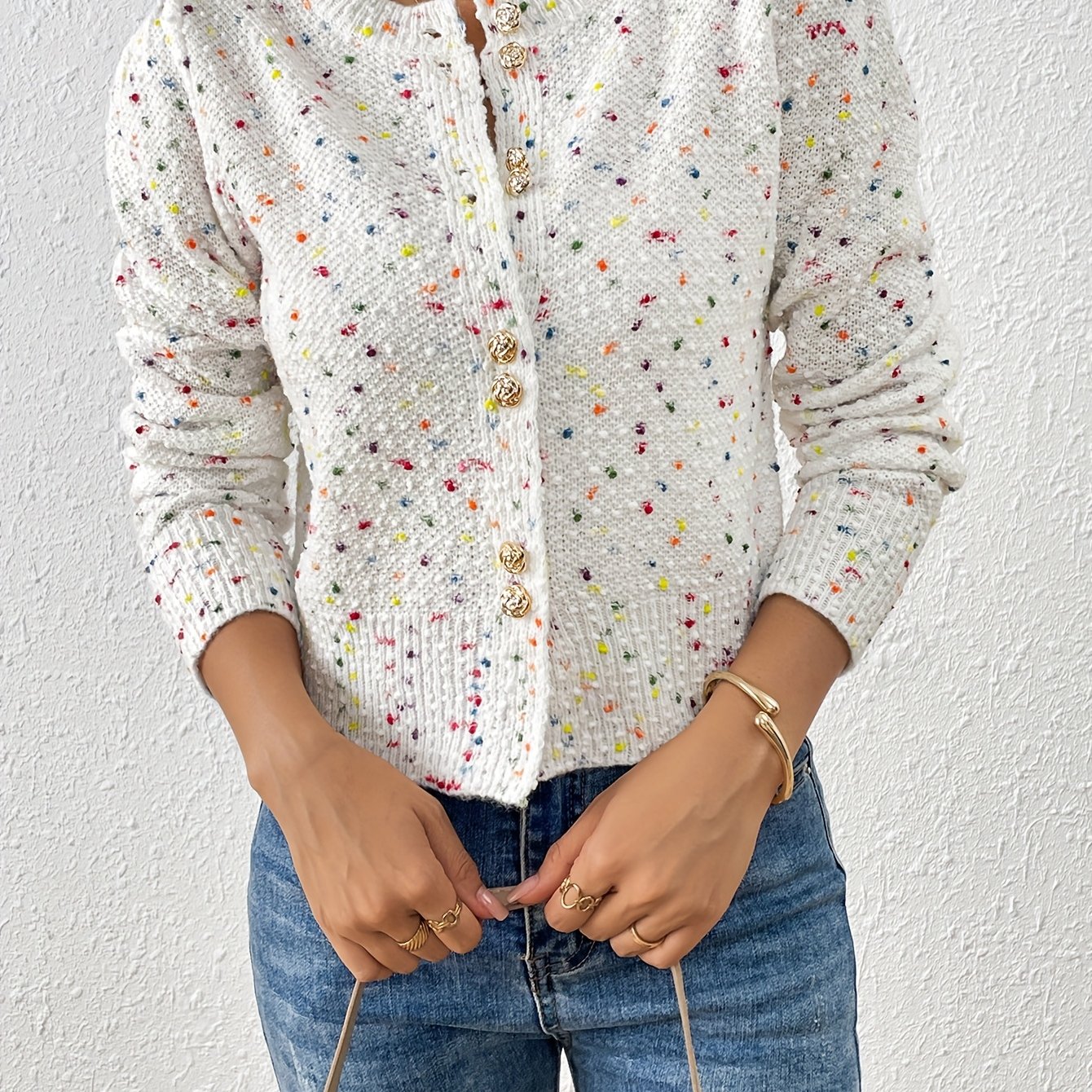 E-shop Damens Elegantes Bunte Polka-Dot-Cardigan – Rundhals-Langarm-Pullover mit Mehreren Knöpfen, Mitteldehnbarer