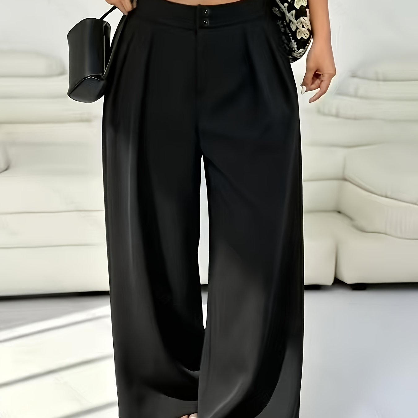 TEMU Plus Size - Plus Size - High-waist Double-button Pleated Wide Leg Pants | Casual Non-stretch Solid Color For Spring/summer/fall