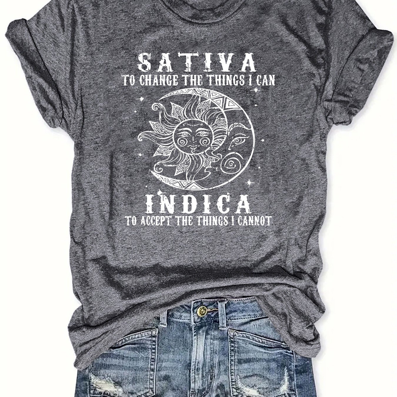 Women' T-shirt With Sativa & Print - Short Sleeve Casual Summer Top, Full-body Suitable For Casual Wear, Machine Washable Non- Style For Everyday Outfits