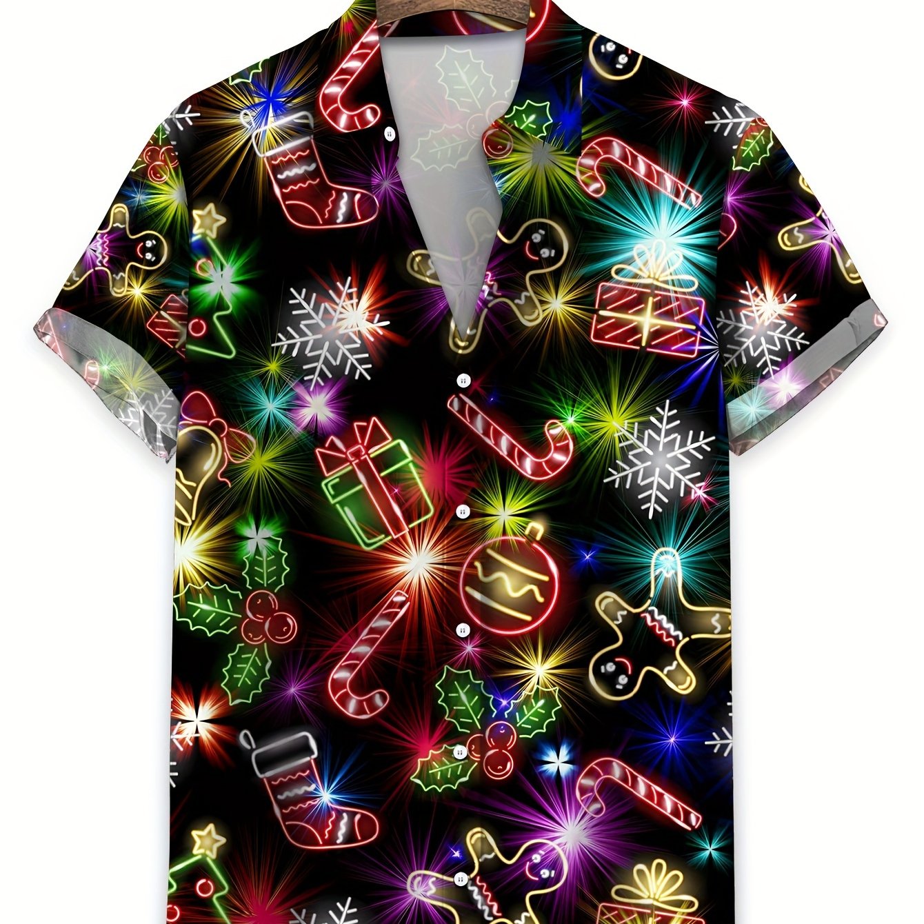 TEMU Chemise Hawaïenne de Noël pour Hommes - Imprimé Néon avec Père Noël, de Neige et Bonhommes en Pain d'Épice à Manches Courtes, Lavable en Machine