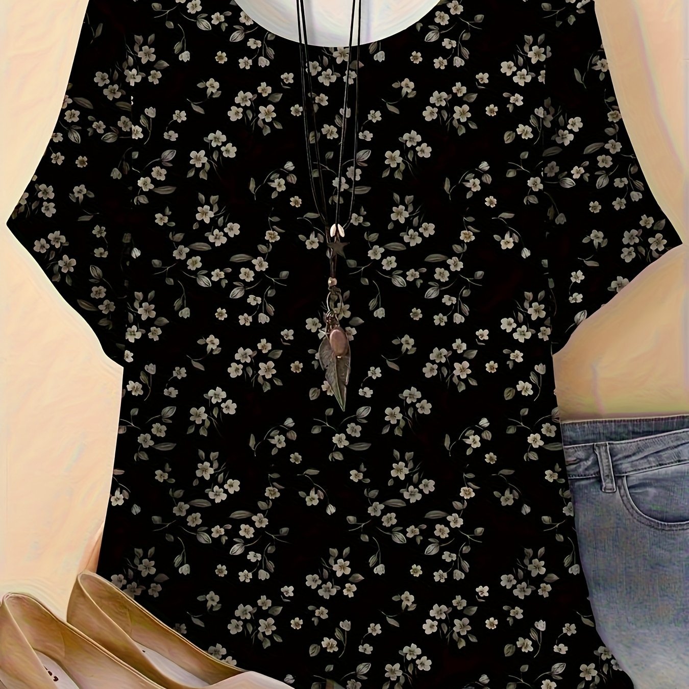 Plus Size - Plus Size - Plus Size Women's Round-neck T-shirt Features A Round Neck Design, Short Sleeves, And A Falling Hem. The Pattern Is Of -colored Small Flowers