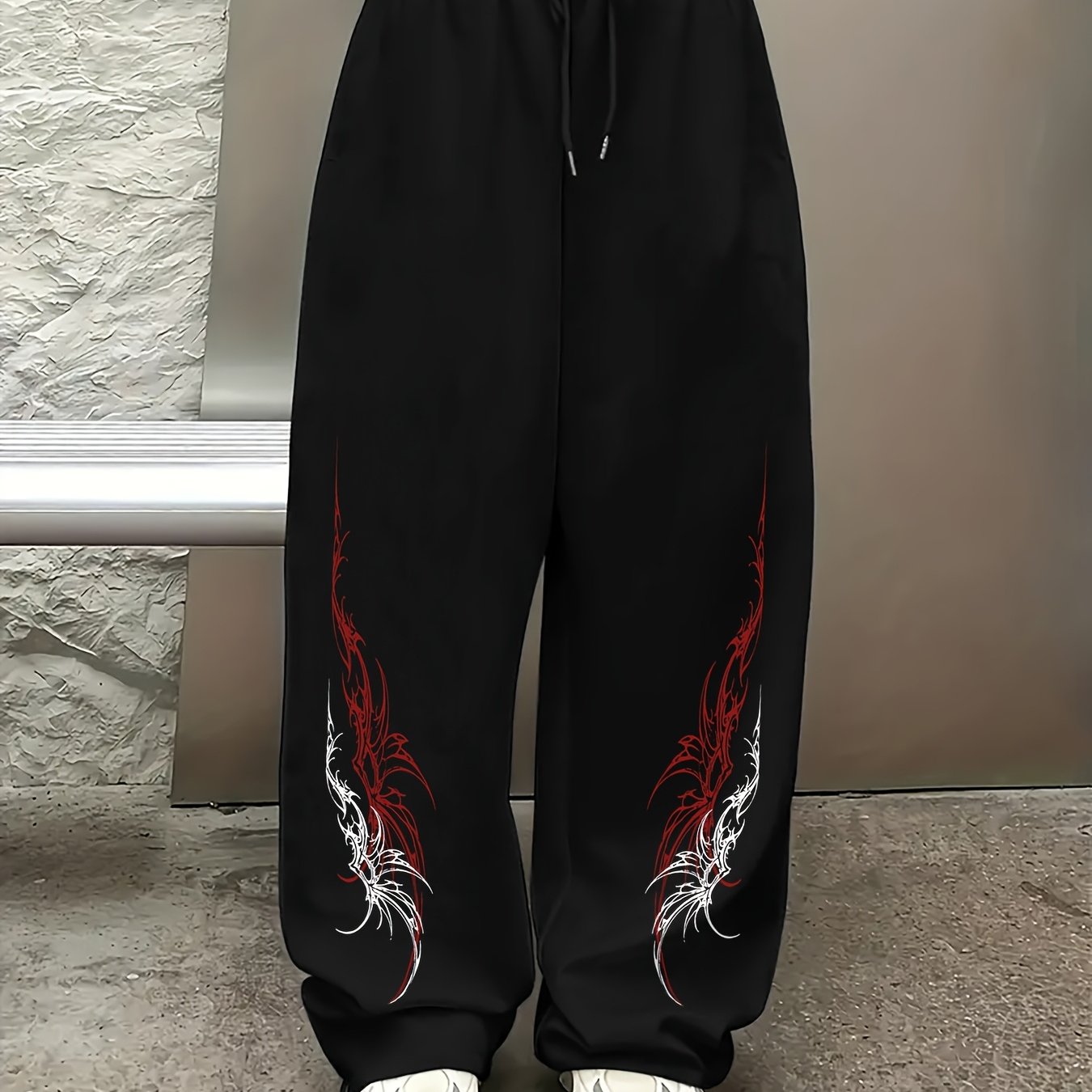 TEMU Trendy Printed Casual Sports Pants With Drawstring Elastic Waist, Machine Washable, Women's Straight-leg Jogging Leisure Pants