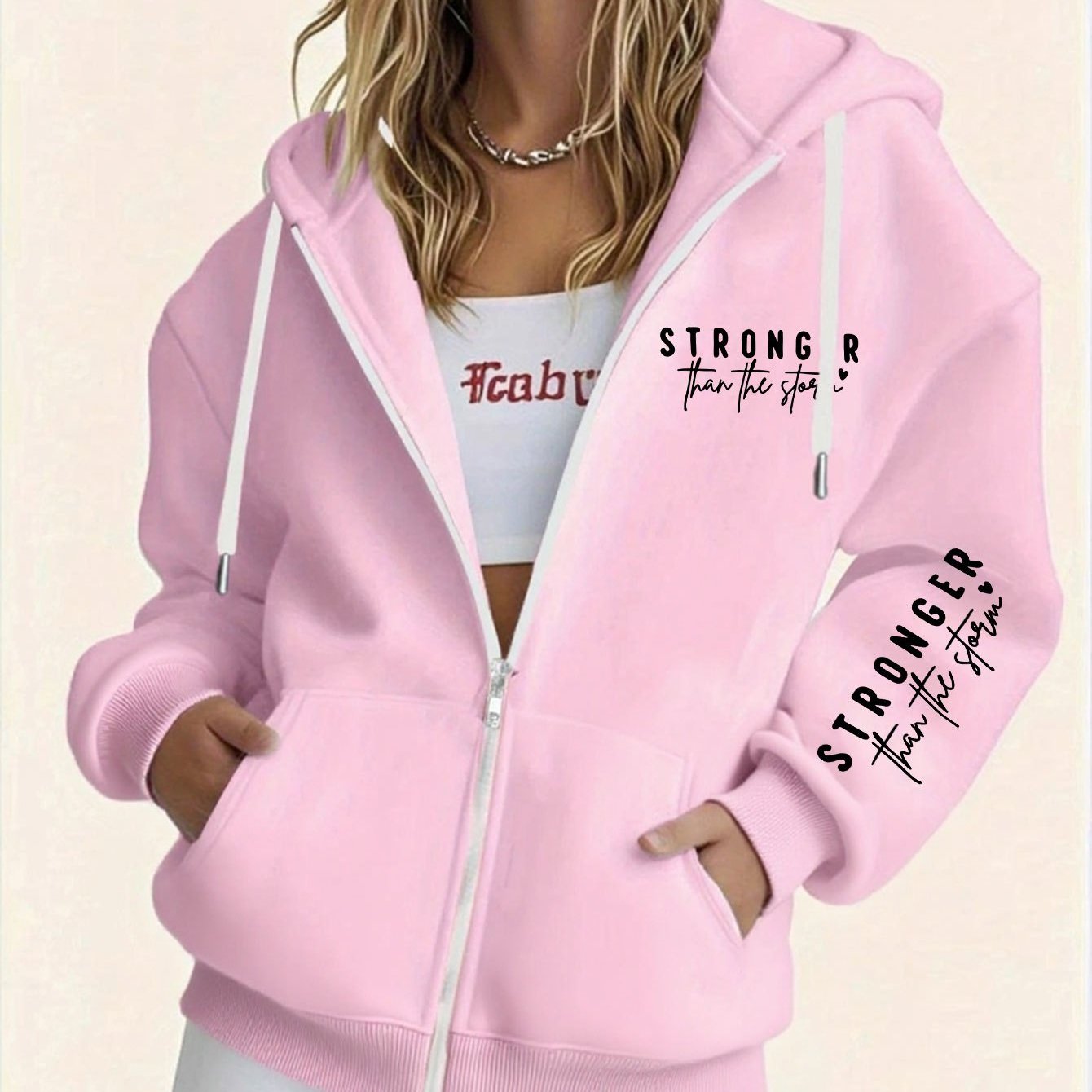TEMU Women's Comfortable Lined Hooded Sweatshirt With "stronger Than Storm" Letter Print, Long Sleeved Pocket Hooded Zipper Sweatshirt, Women's
