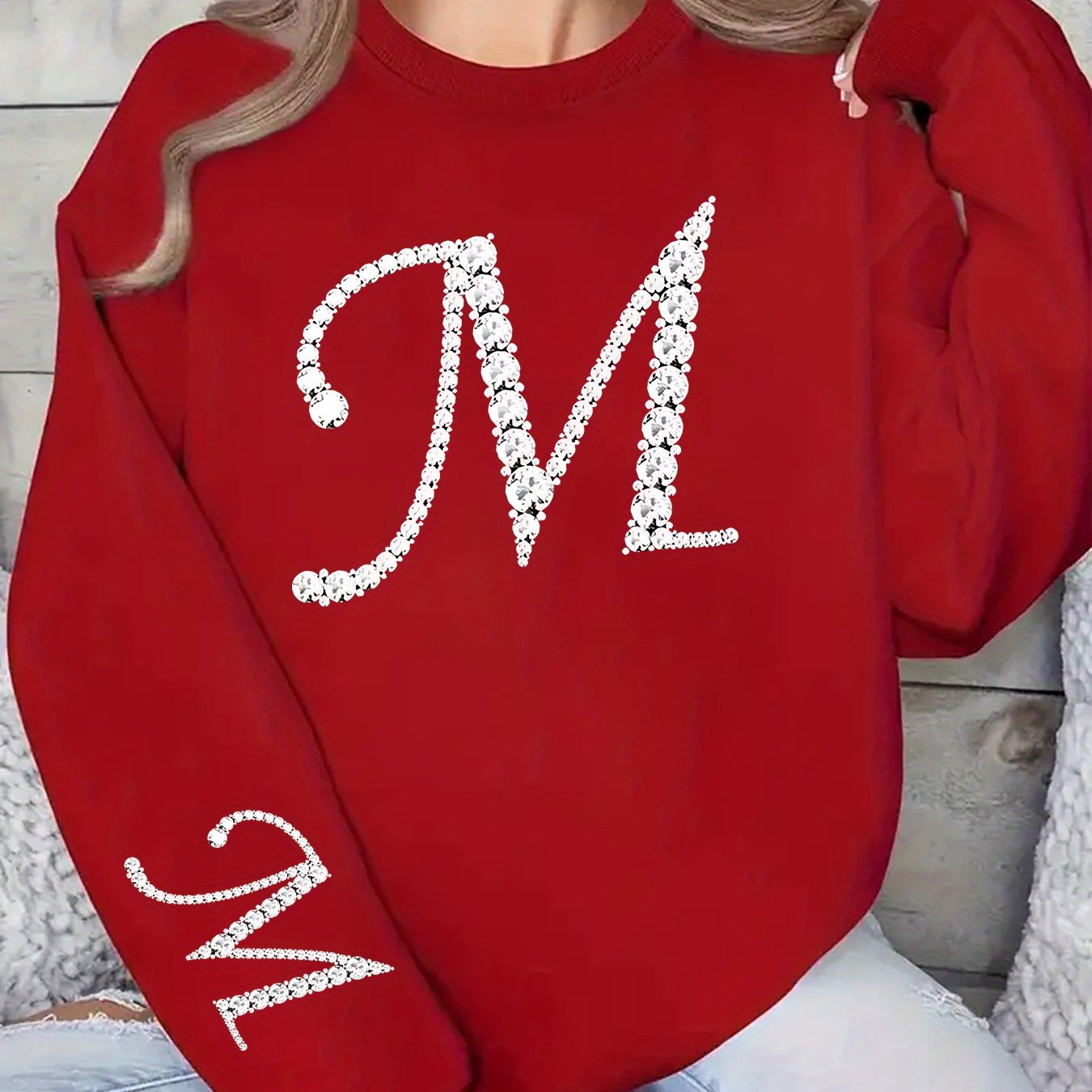 TEMU 1pc Autumn New Arrival Pullover Sweatshirt - Beautiful Shiny Letter M Simple Pattern Print Pullover Sweatshirt - Elegant Women's Wear, Elegant