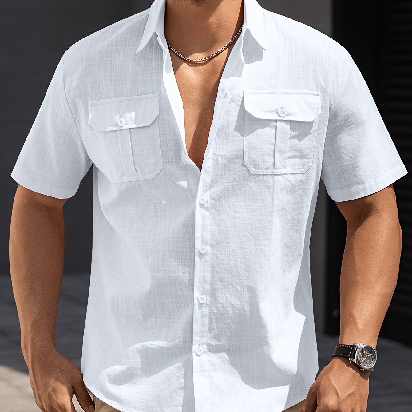 Image of Men's Short Sleeve Shirt Summer Thin Breathable English Collar Double Pocket Solid Color Shirt Daily Versatile Casual Beach Vacation Fashion