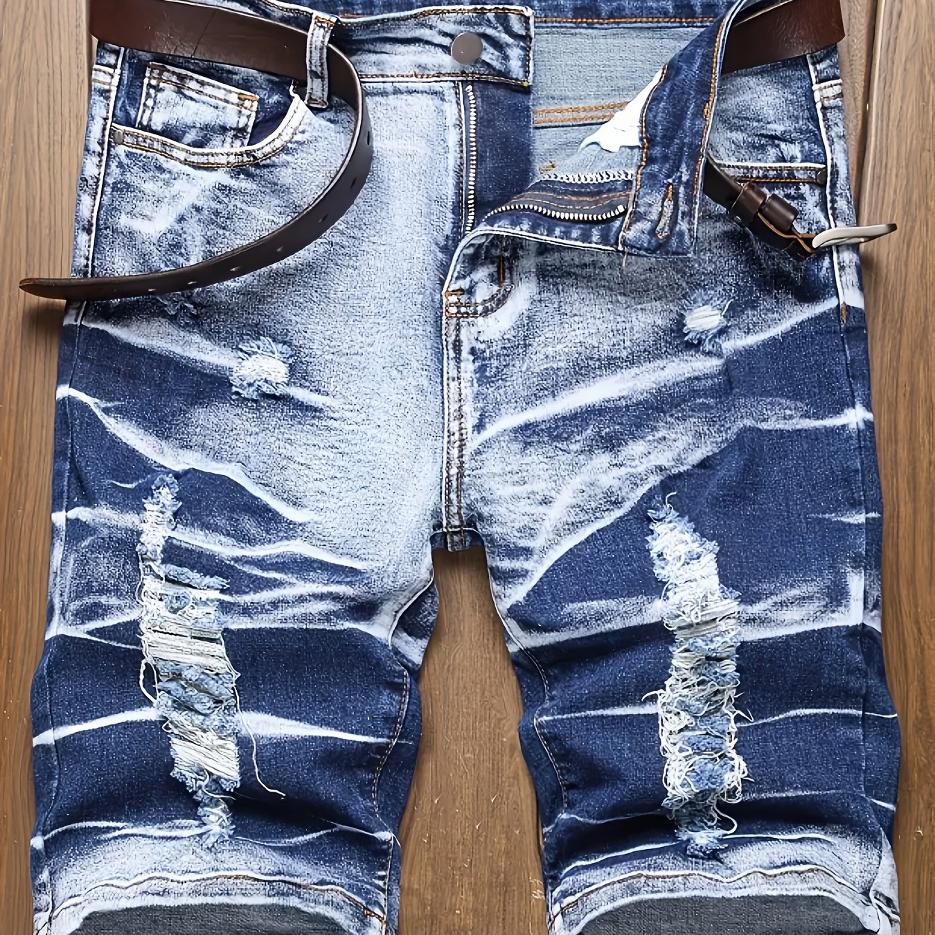 Image of Plus-size Men's Tie-dye, Ripped Fringe, Stretch Casual Fashion Denim Shorts, Plus Size