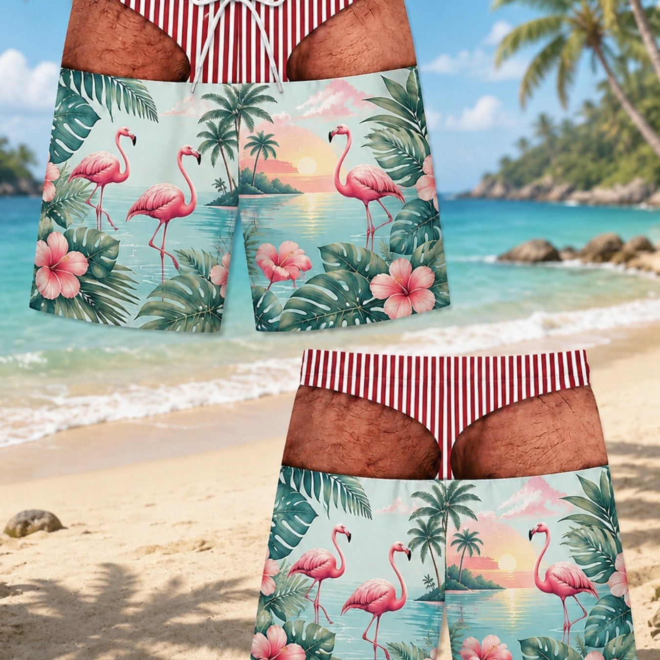 TEMU [printed Design Not Textured] Men's Fun Distressed Swim Trunks With Flamingo Sunset Optical Illusion - Distressed Beach Shorts, Suitable For