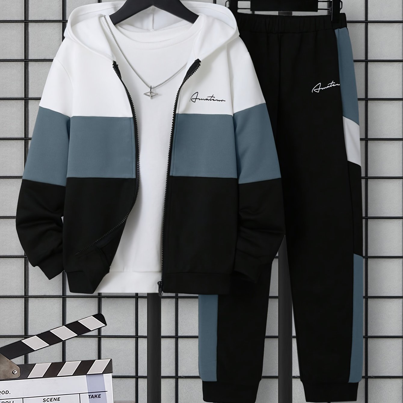 Image of Boys' Winter Color-block Hooded Casual Zipper Jacket And Pants 2pcs Set, For Outdoor