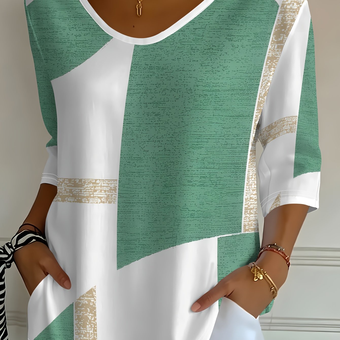 TEMU 2d Flat Print Women's New Geometric Abstract Print V-neck Three-quarter Sleeve T-shirt, Spring And Autumn Casual Top