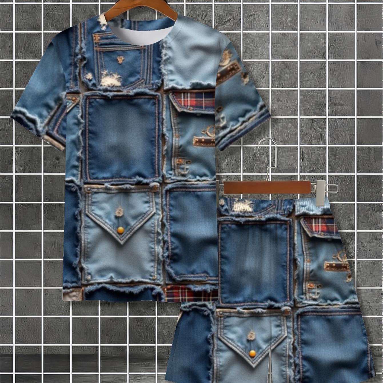 Men's Summer Casual 3d Print T-shirt And Shorts Set - Denim-, Vintage Textured Look, Lightweight Breathable Fabric, Suitable For Outdoor , Retro-style