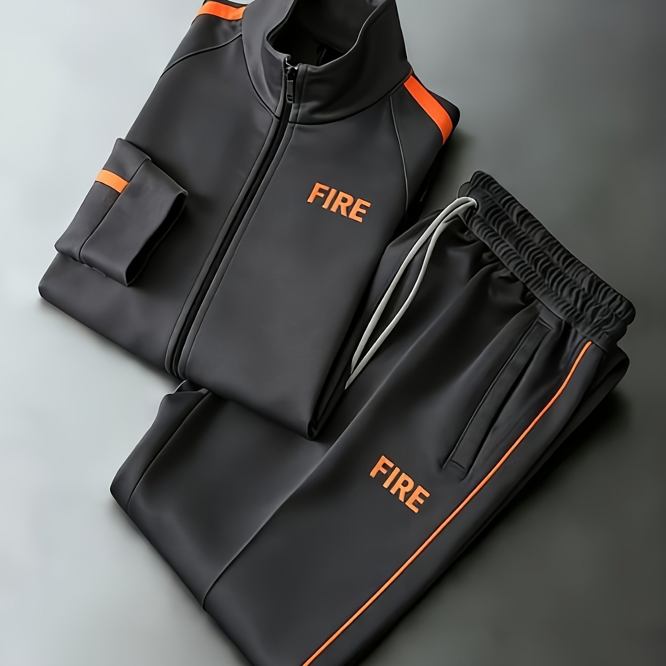 Unisex Dark Gray And Tracksuit, Zip Up Jacket With Side Stripe Pants, Casual Sportswear, Suitable For , Plus Sizes