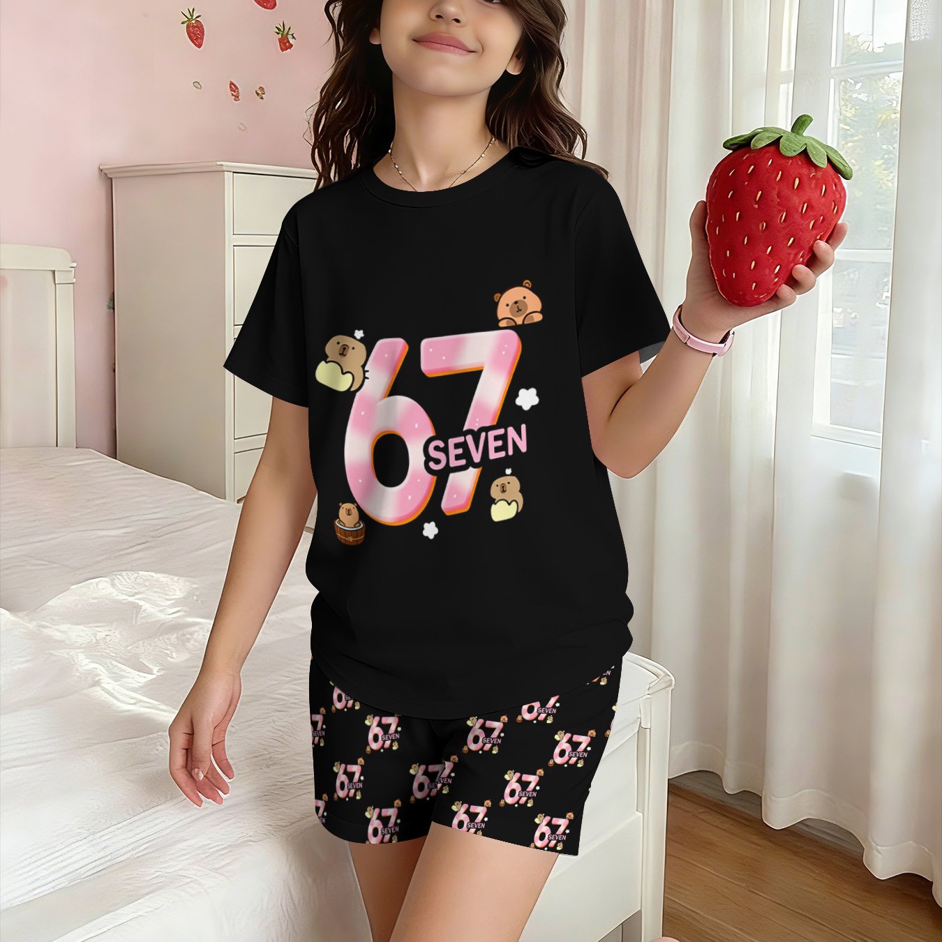Girls' Pajamas Homewear Spring And Girls' Pajamas Homewear Set Short Sleeve And Shorts 2pcs Set