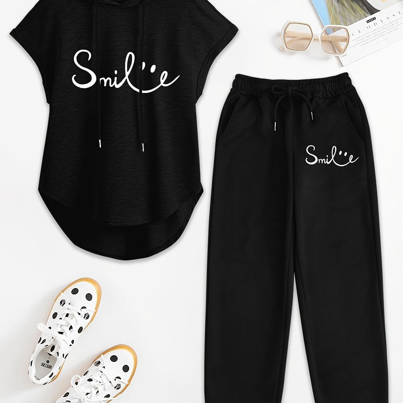 TEMU Women' Piece Drawstring Sleeveless Hooded Top Summer Letter Print Pants, Elastic Waist Casual Pants, Pants Set