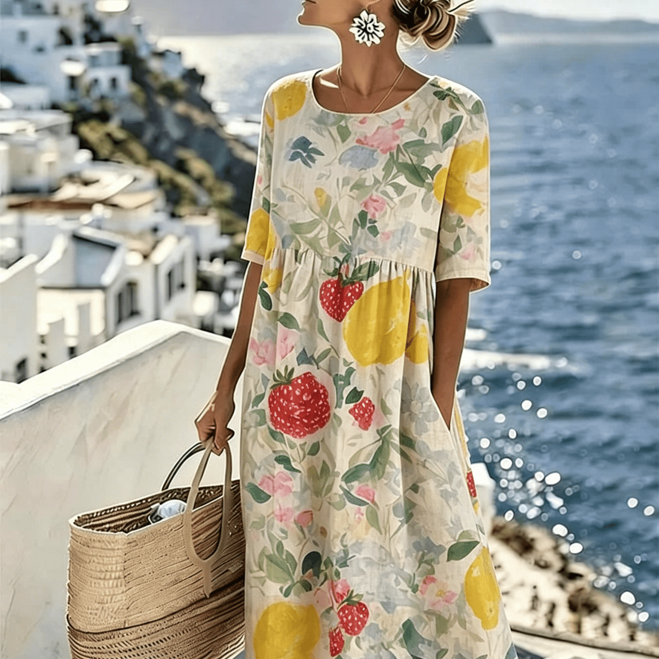 Women's Summer New Half-sleeve Dress, Lemon And Strawberry Print, Round Neck Waist A-line Skirt, Loose Casual Vacation Long Dress