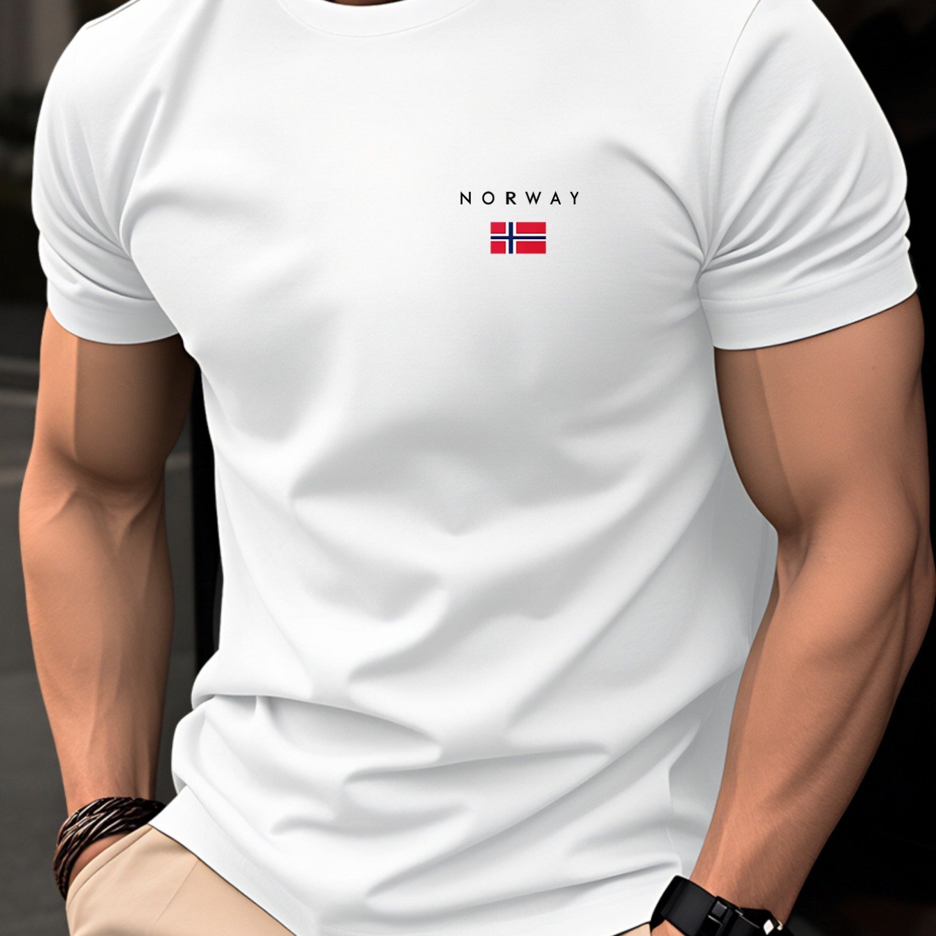 100% Men's T-shirt, Summer Short-sleeve, Slim Fit, Round Neck, Trendy And Breathable, Versatile Casual Wear For , Featuring A Easy Norway Letter Print With Flag, Stylish, Elegant, Unique, And Fun
