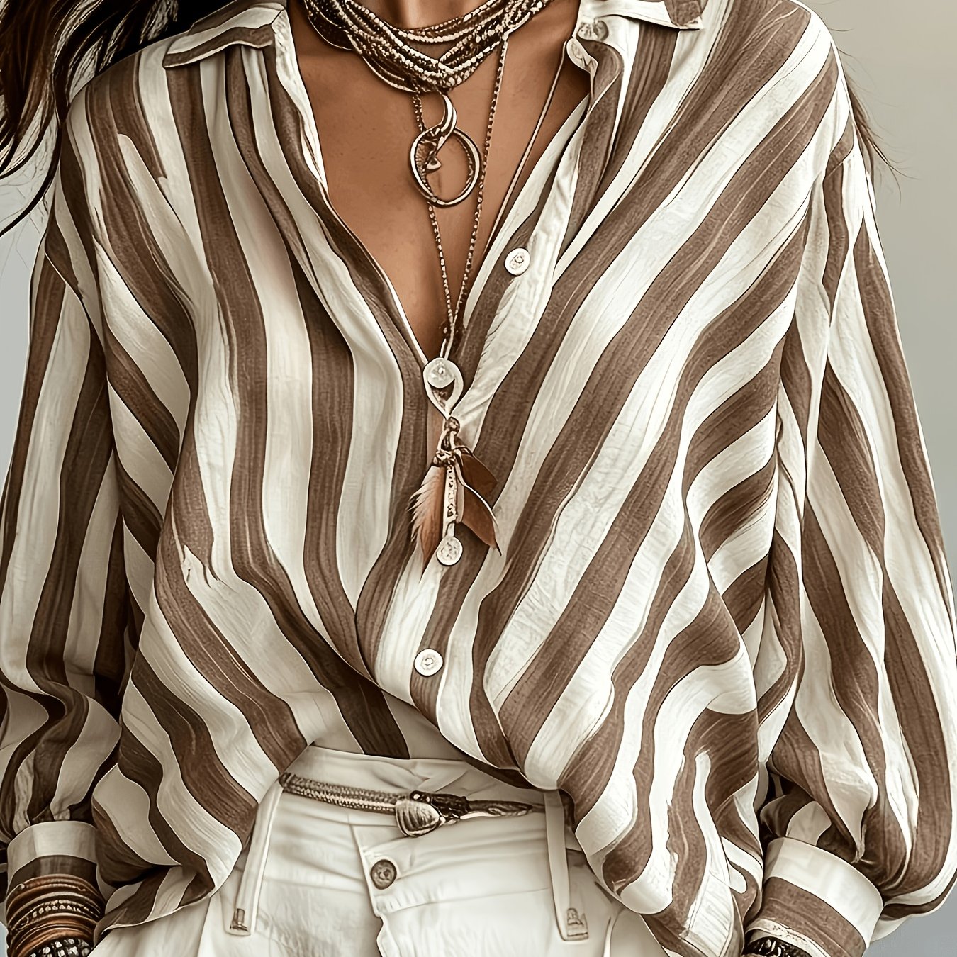 TEMU Chemise grande taille à manches longues pour femme, chemise à manches longues à rayures vintage, haut de plage de style vacances, pour les