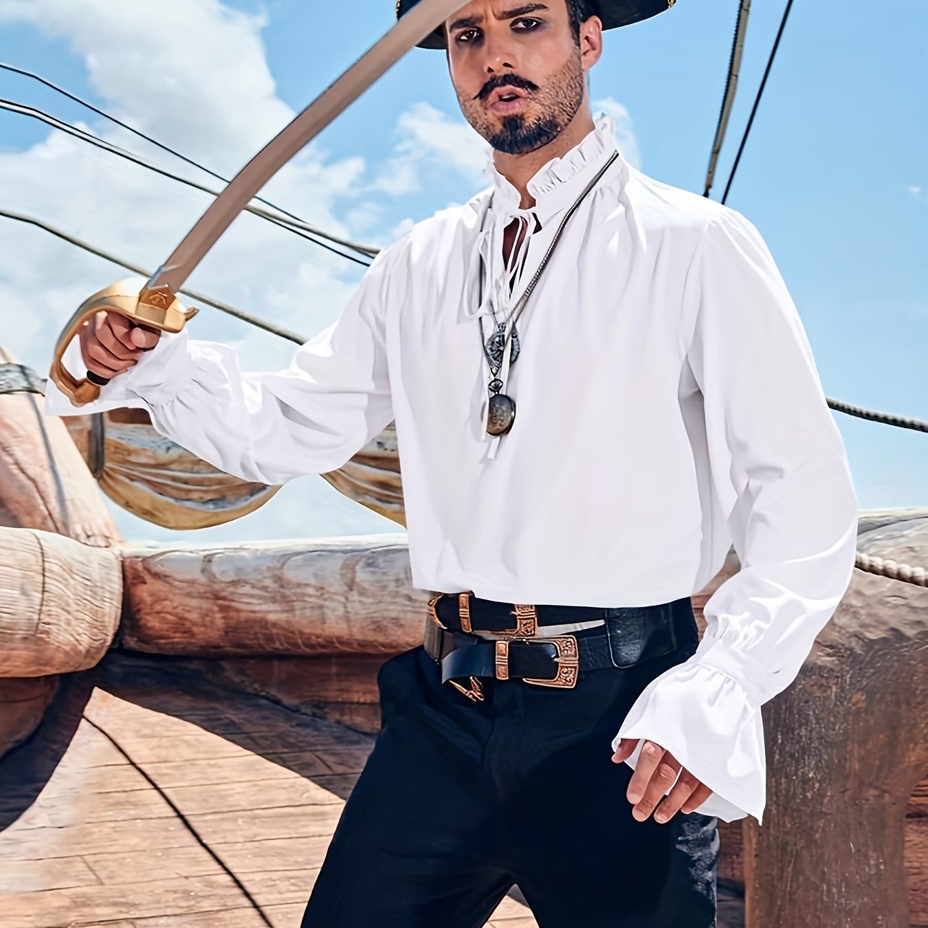 TEMU Camiseta pirata medieval renacentista vintage para hombre - Cuello con botones y cordones, ajuste holgado, disfraz histórico para renacentistas,