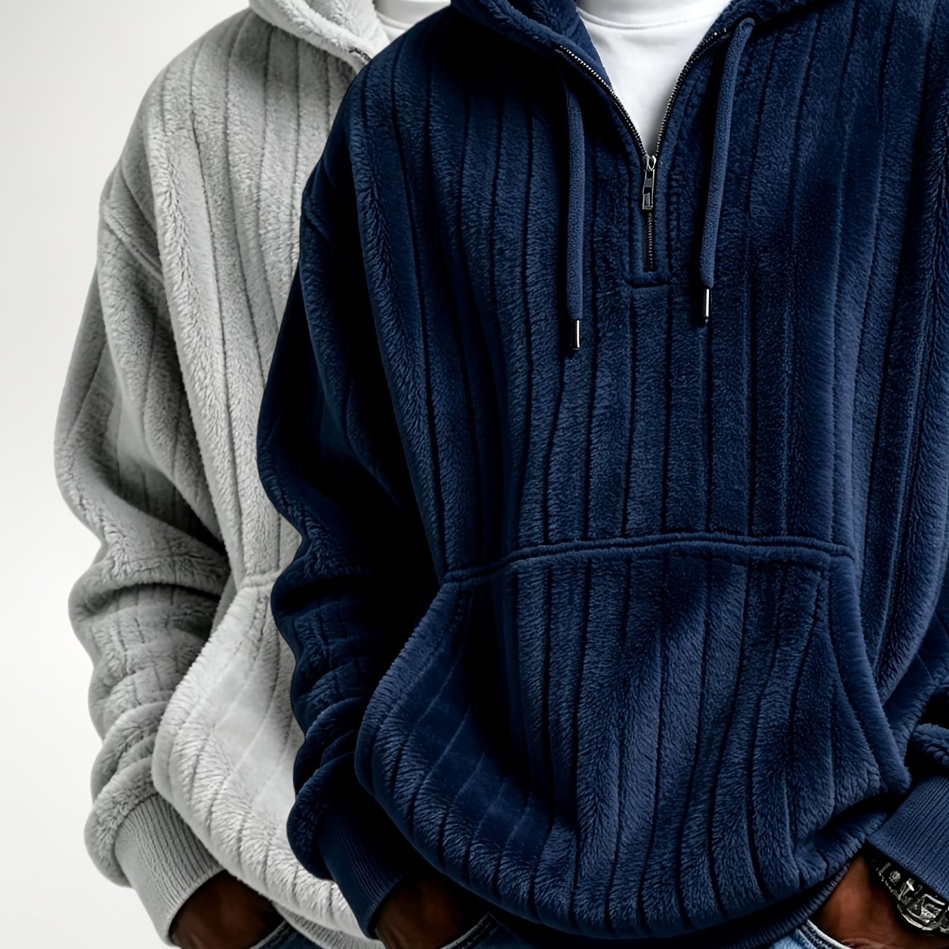 Image of 2pcs Men's Vertical Ribbed Fuzzy Half-zip Hoodie, Warm Fluffy Quarter-zip Hooded Sweatshirts, Long Sleeve Pullover With Kangaroo Pocket, Casual Loose Fit Tops For Autumn Winter 2026