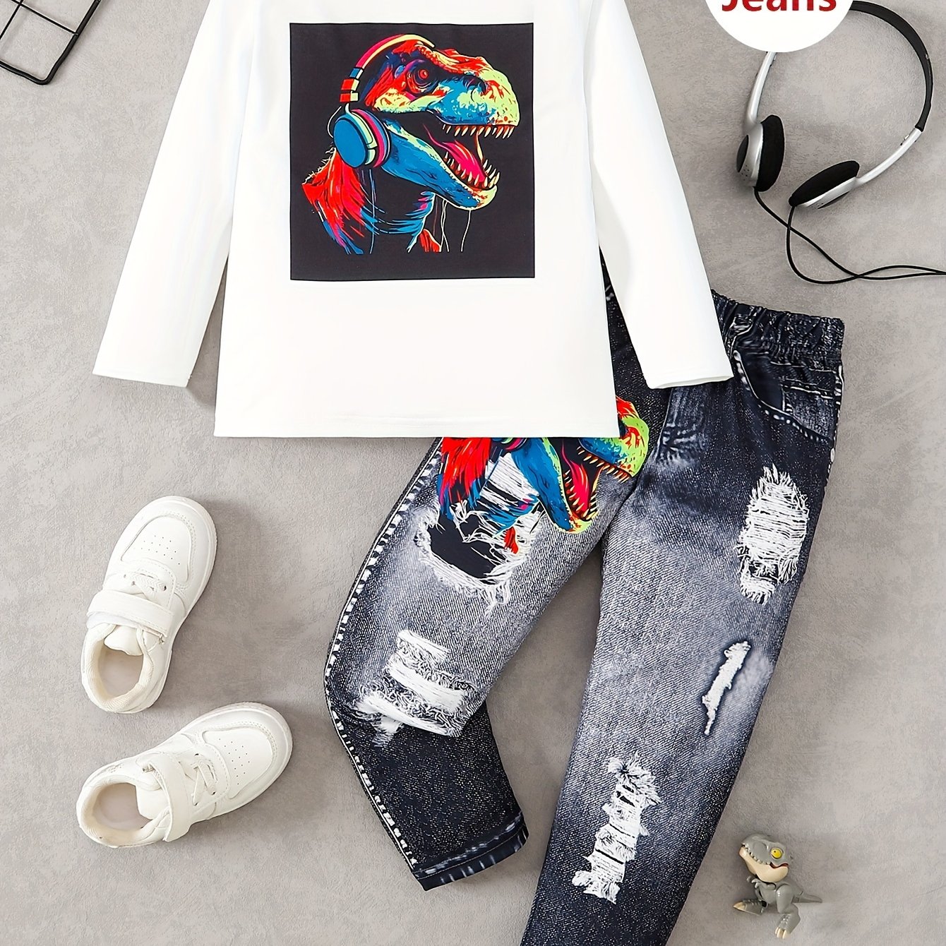 Image of Boys' Long Sleeve Dinosaur Print Crew Neck T-shirt + Anti-cowboy Print Pants, Perfect For Outdoor