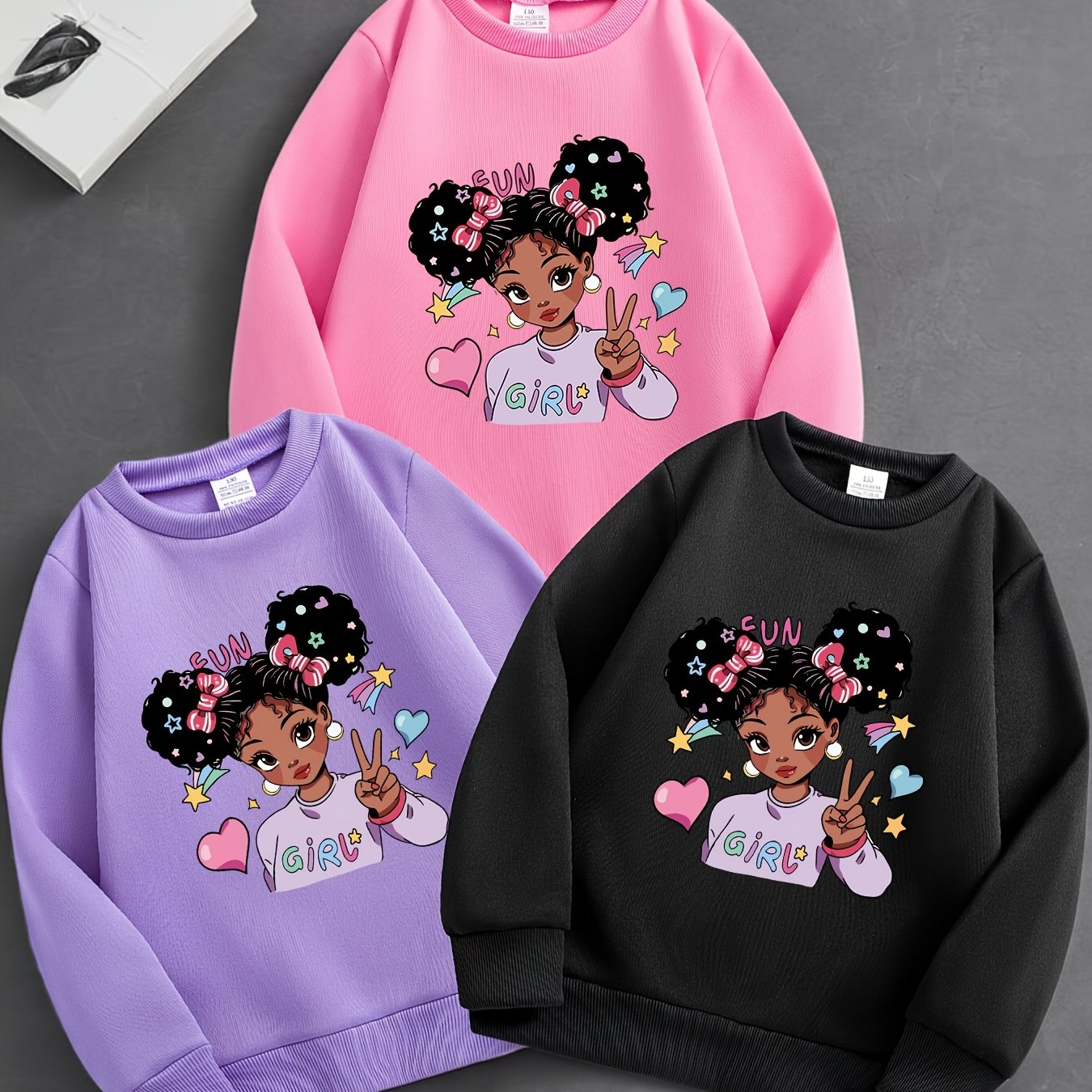3pcs Girls' Cozy Cartoon Print Long Sleeve Sweatshirts - Casual Crew Neck Pullovers For Fall & Winter, Machine Washable