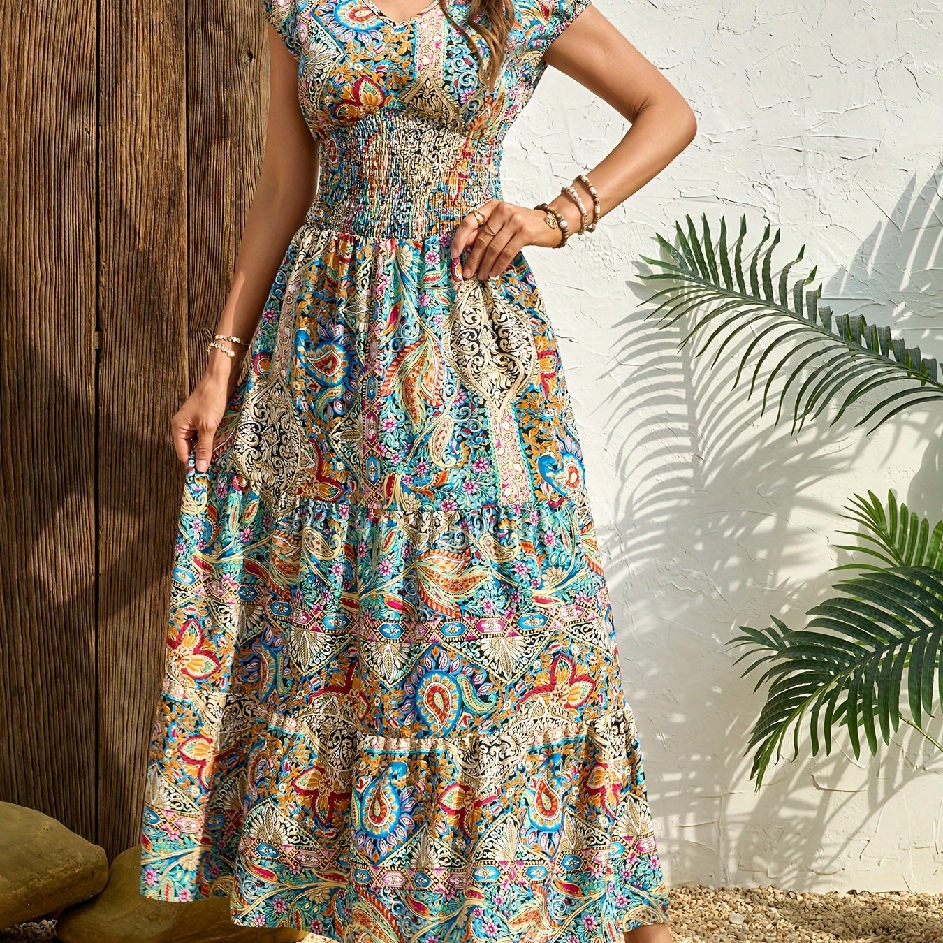 TEMU Vestido Con Estampado Paisley Y Cintura Fruncida, Estilo Vacacional Con Manga Corta Y Escote Cuadrado En A-Line Para Y Verano, Ropa De Mujer