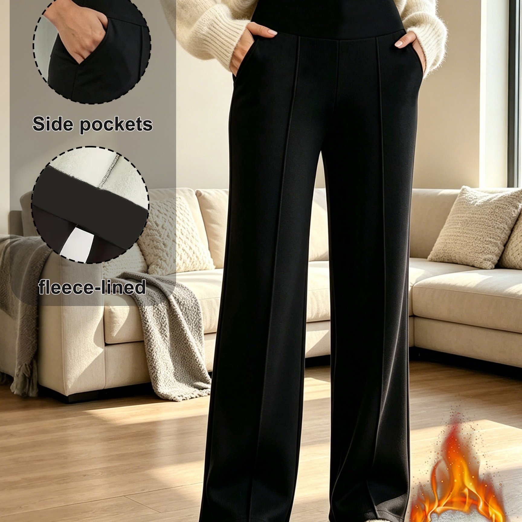 TEMU Pantalon d'hiver CQQNBV à taille haute et jambes larges - Pantalon thermique doublé avec plis verticaux, jambe droite et poches latérales,