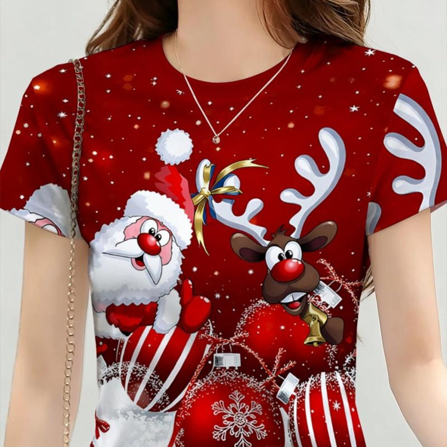 TEMU Women's Santa & Print T-shirt - Short Sleeve Round Neck Casual Top With Holiday Design, Machine Washable Suitable For Spring Summer Fall Wear,