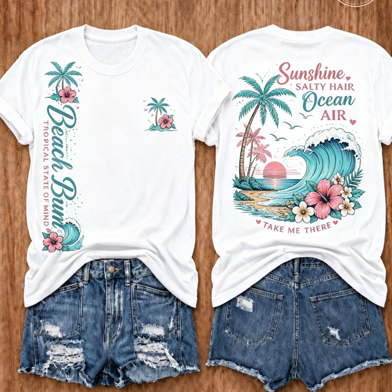 Women's Palm Tree Ocean Wave Graphic T-shirt, Summer Crew Neck Short Sleeve Beach Vacation Tee
