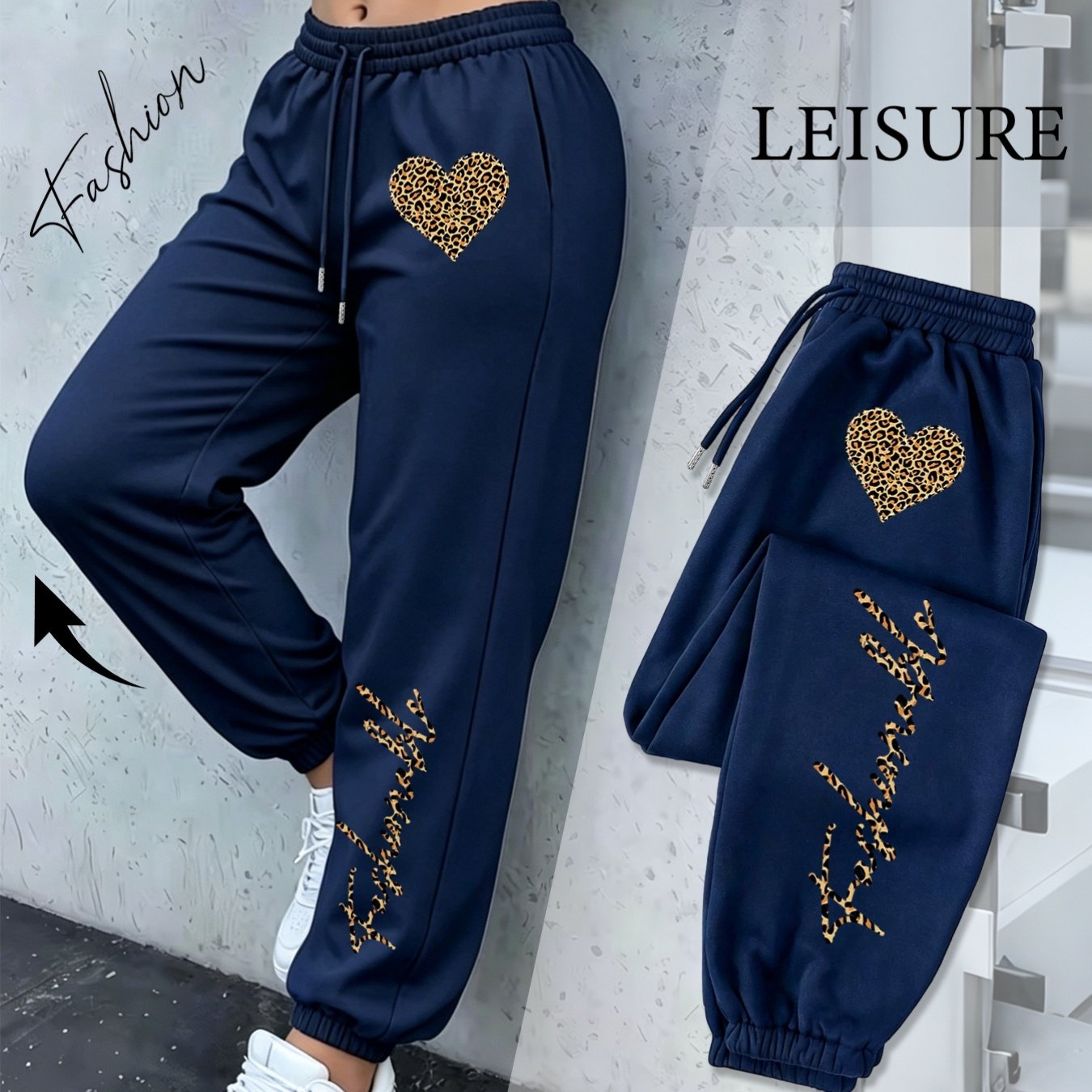 Image of Plus Sizey2k Hot Retro Leopard Heart Letter Print Jogger Pants For Women, Elastic Drawstring Sports Jogging Pants, Smooth And -friendly, Non-sticky Women's Sweatpants