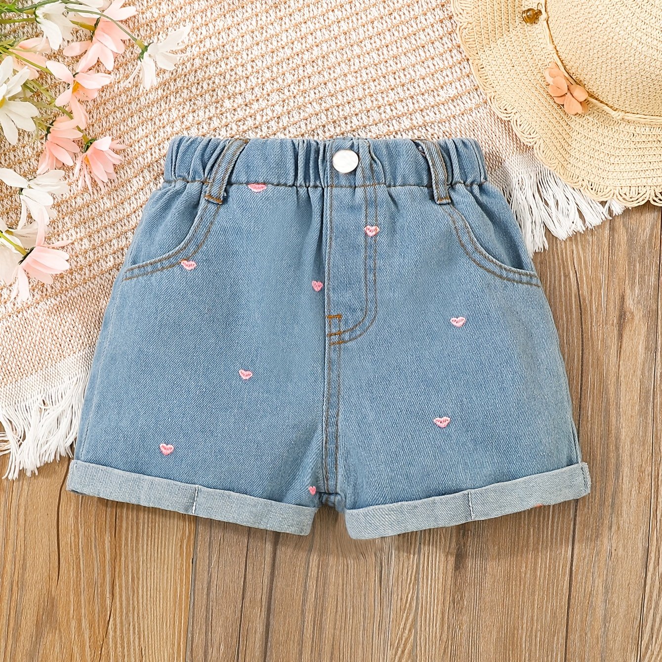 Girls' Washed Heart-print Roll-up Hem Denim Shorts For Summer