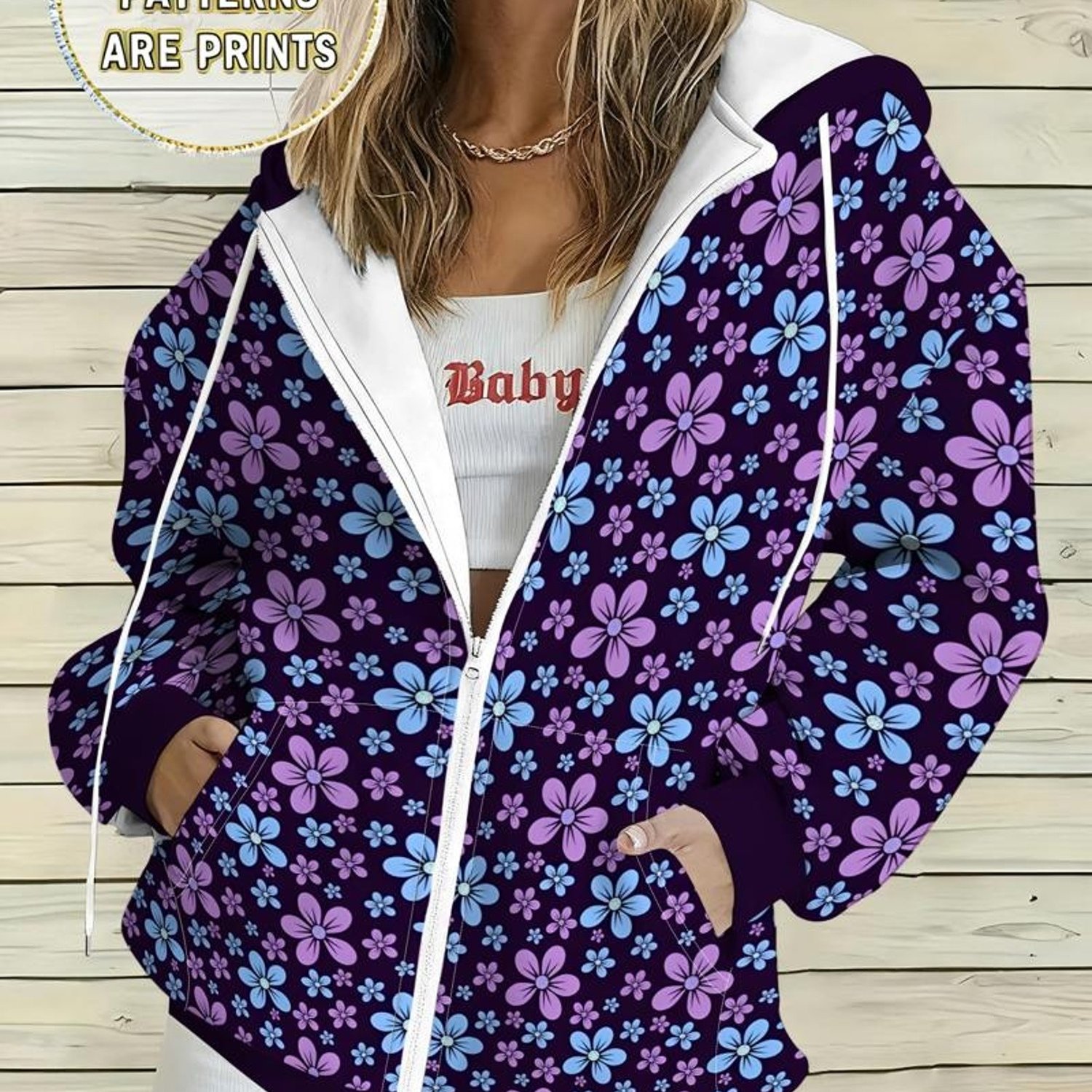 TEMU 2026 New Women's Plus Size Purple & Blue-purple Small Floral Print Hooded Jacket - Soft Zipper Cardigan With Hood, Drawstring Hooded Sweatshirt,