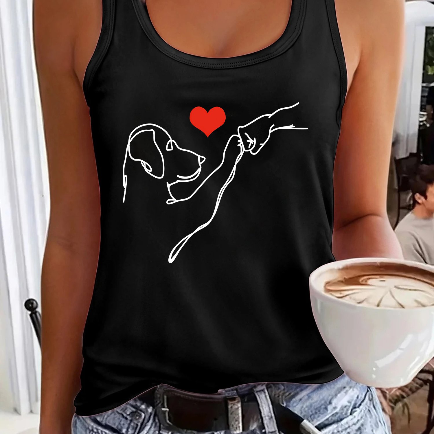 TEMU Women's Casual Round Neck Sleeveless Vest With Line Drawing Of People And Dogs, Red Heart Pattern, Letter Print, Machine Washable, Soft And