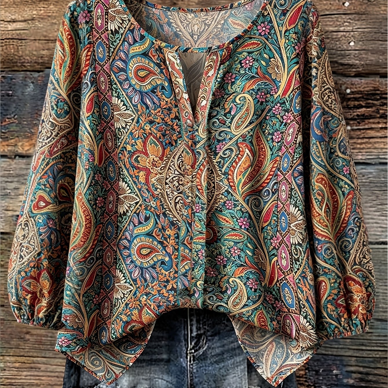 TEMU Women's Elegant Printed Blouse, V-neck Cutout, Retro Bohemian Style Long Sleeve Top, Pullover Sweater, Vest, Suitable For Casual And Office