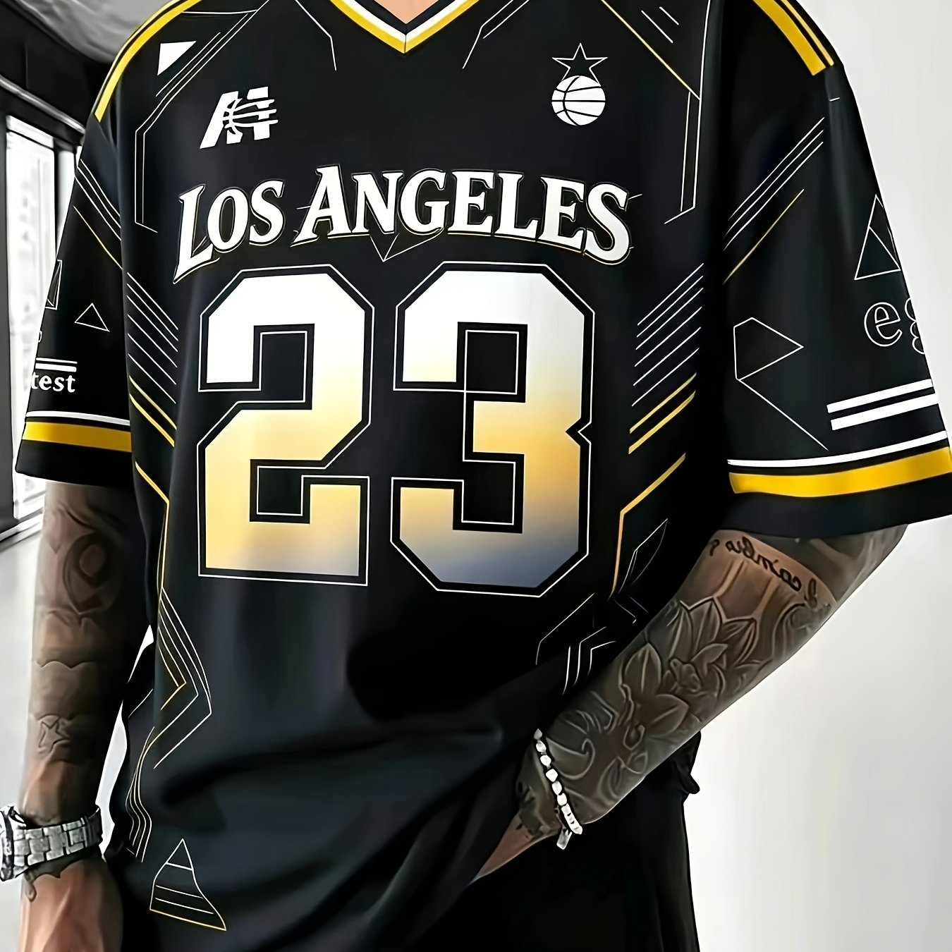 TEMU T-shirt décontracté à manches courtes pour homme, style américain vintage, dégradé LOS ANGELES n° 23, col en V, noir, été | T-shirt fantaisie