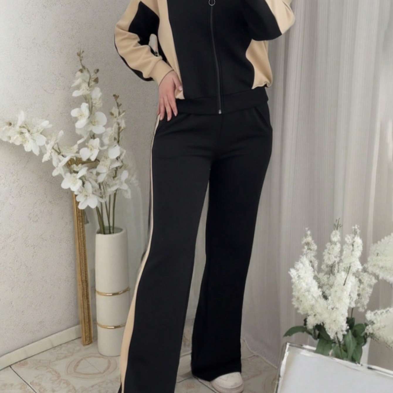 Women's Autumn-winter Outfit Set: Striped Spliced Top Jacket & Striped-spliced Pocket Trousers 2pcs Suit For Ladies