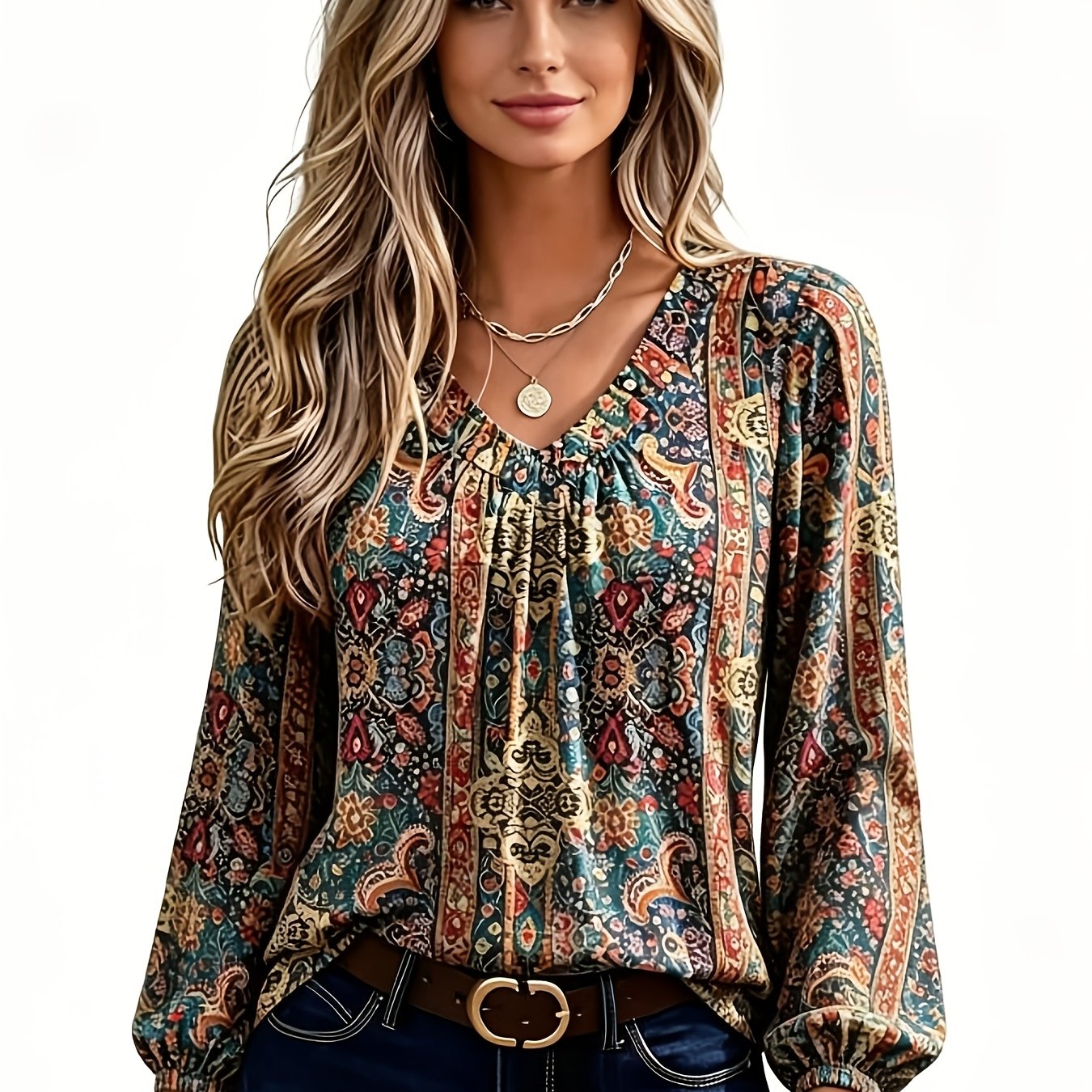 TEMU Women' Bohemian Paisley Blouse - V-neck Lantern Sleeve Top With Chest Wrinkle Detail, Loose Fit Ethnic Shirt Suitable For Casual & Dressy Wear,