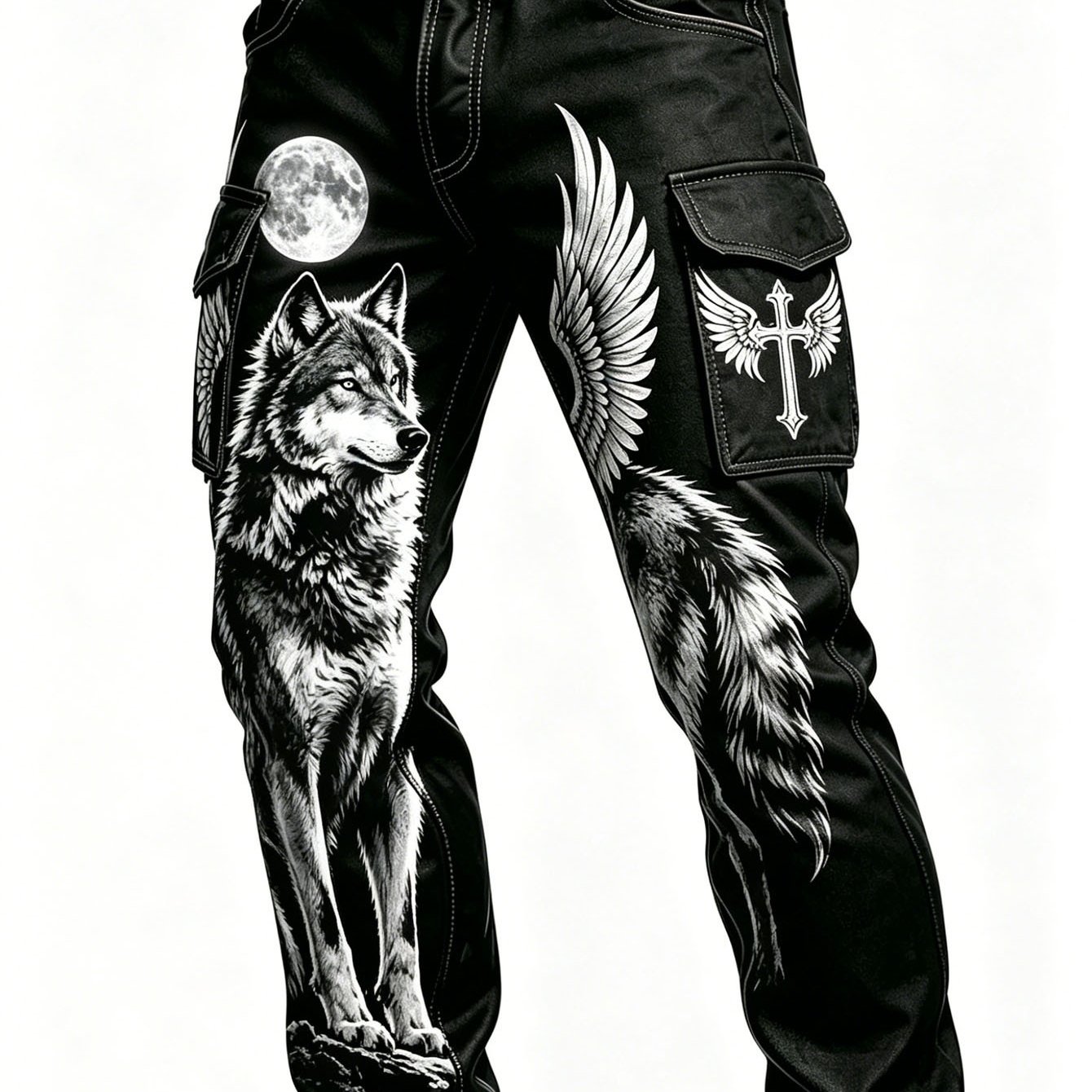 Men's Vintage Street Printed Wolf& Moon Wing Cross Cargo Pants, Casual Daily Outdoor Trousers