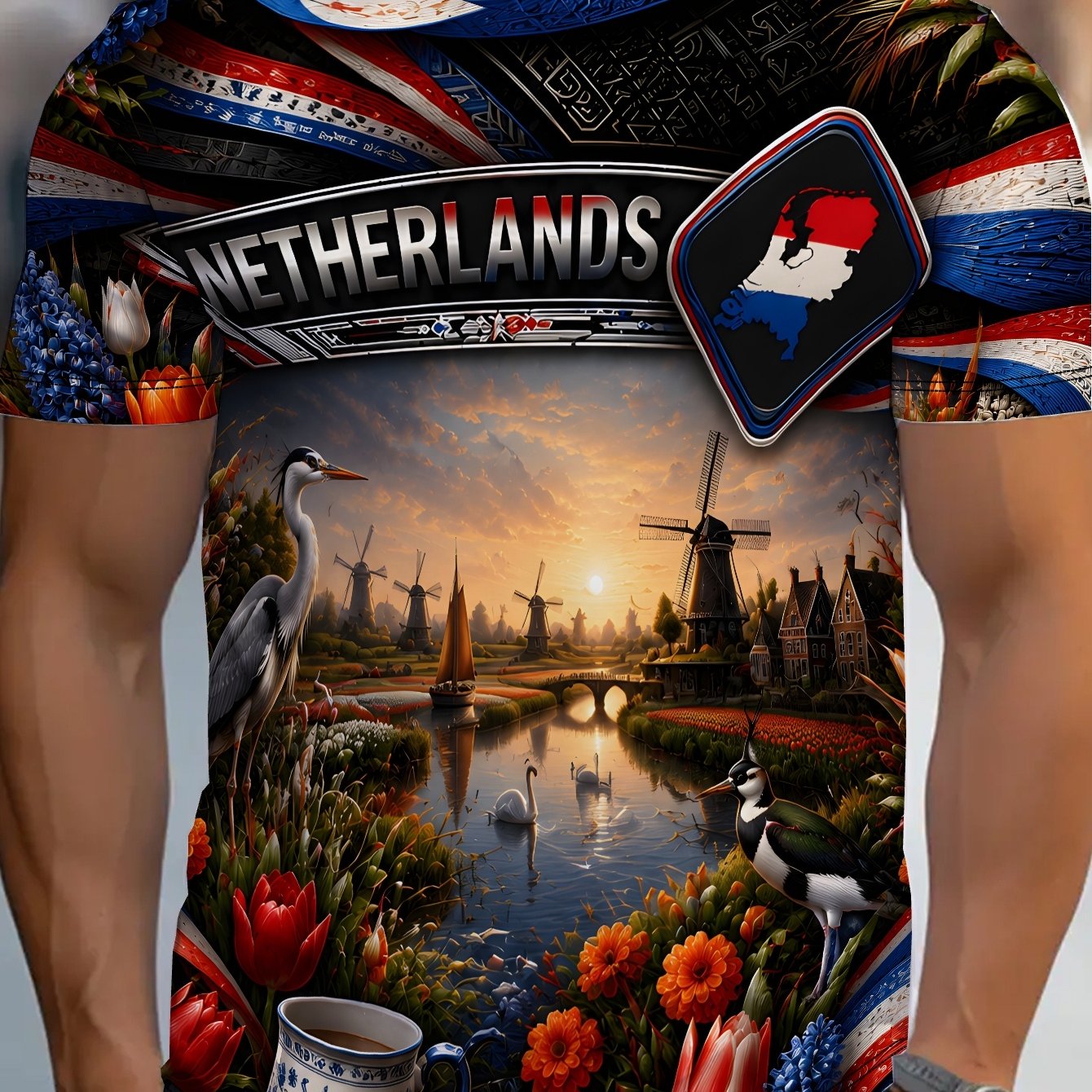 TEMU Netherlands Tulip Canal Collage Men's Casual Graphic Print Short Sleeve T-shirt, Round Neck, Comfortable & Breathable, Fashionable For Summer
