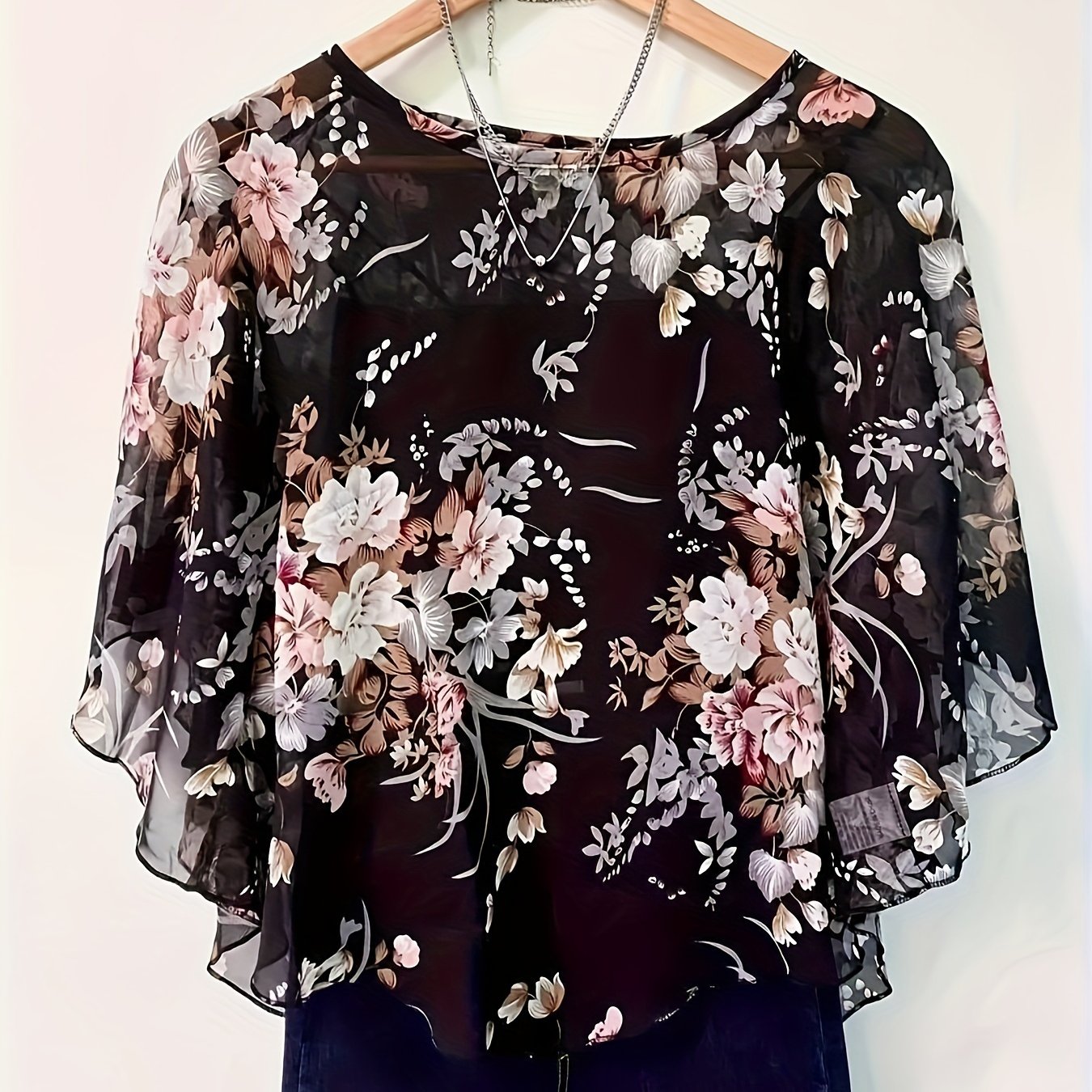 TEMU 1pc Elegant Floral Print Chiffon Blouse For Women - Polyester, Round Neck, Breathable Top, Woven Fabric, Adult Sizes